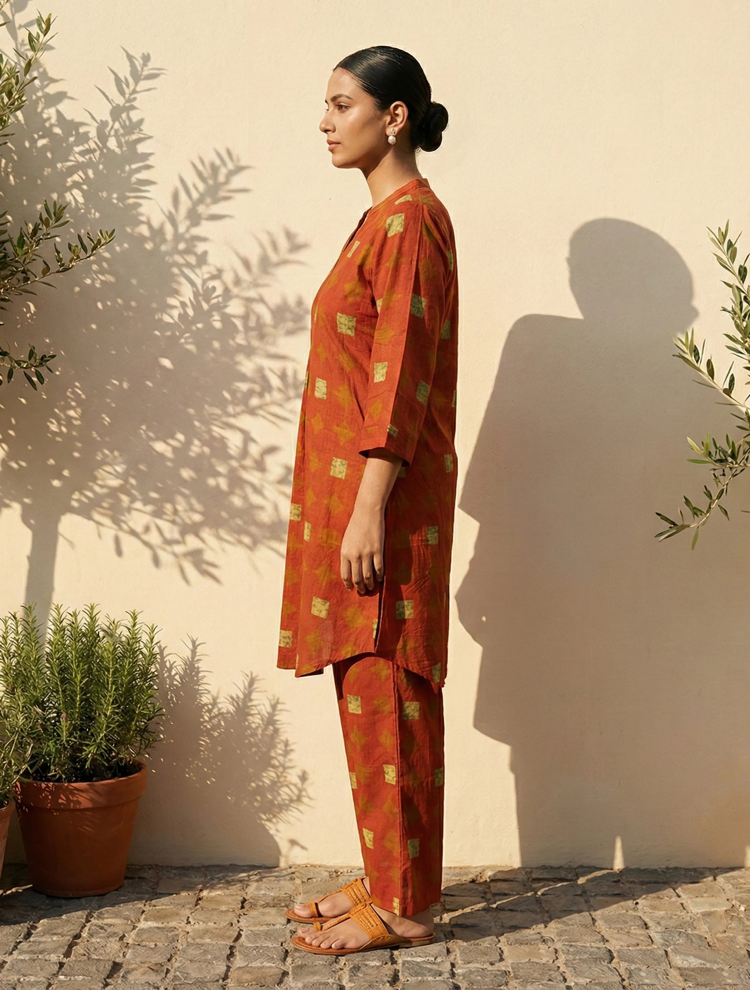 trueBrowns Rust Geometric Print Kurta Pant Set