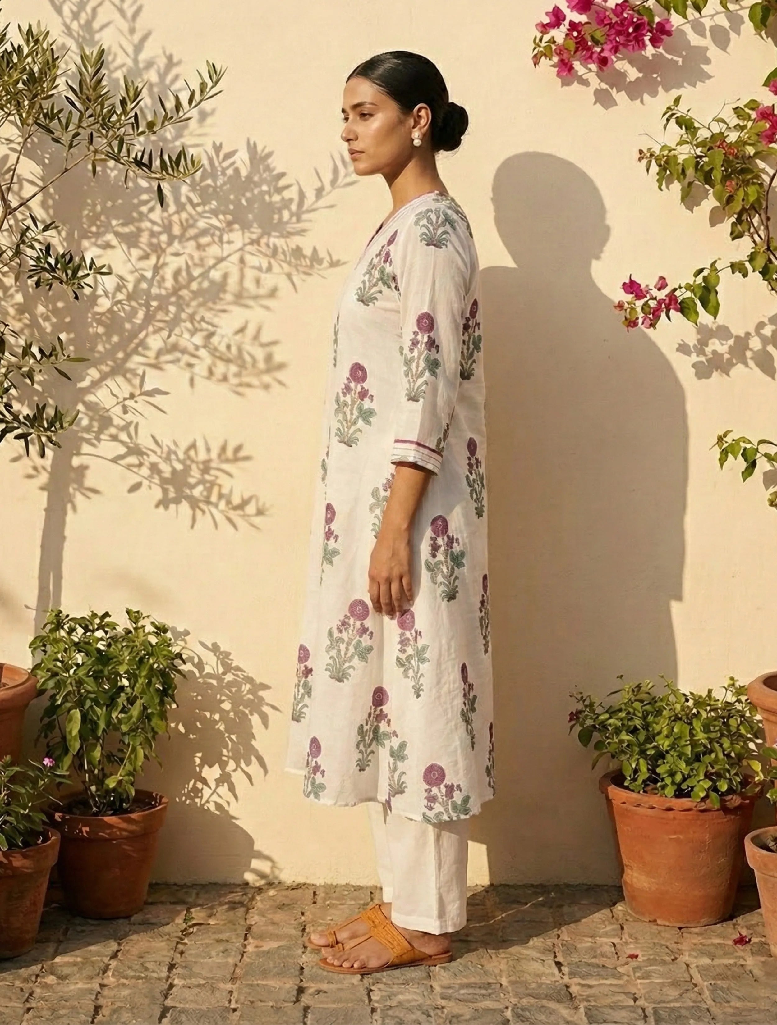 trueBrowns White Purple Print V-Neck Kurta Pant Dupatta Set