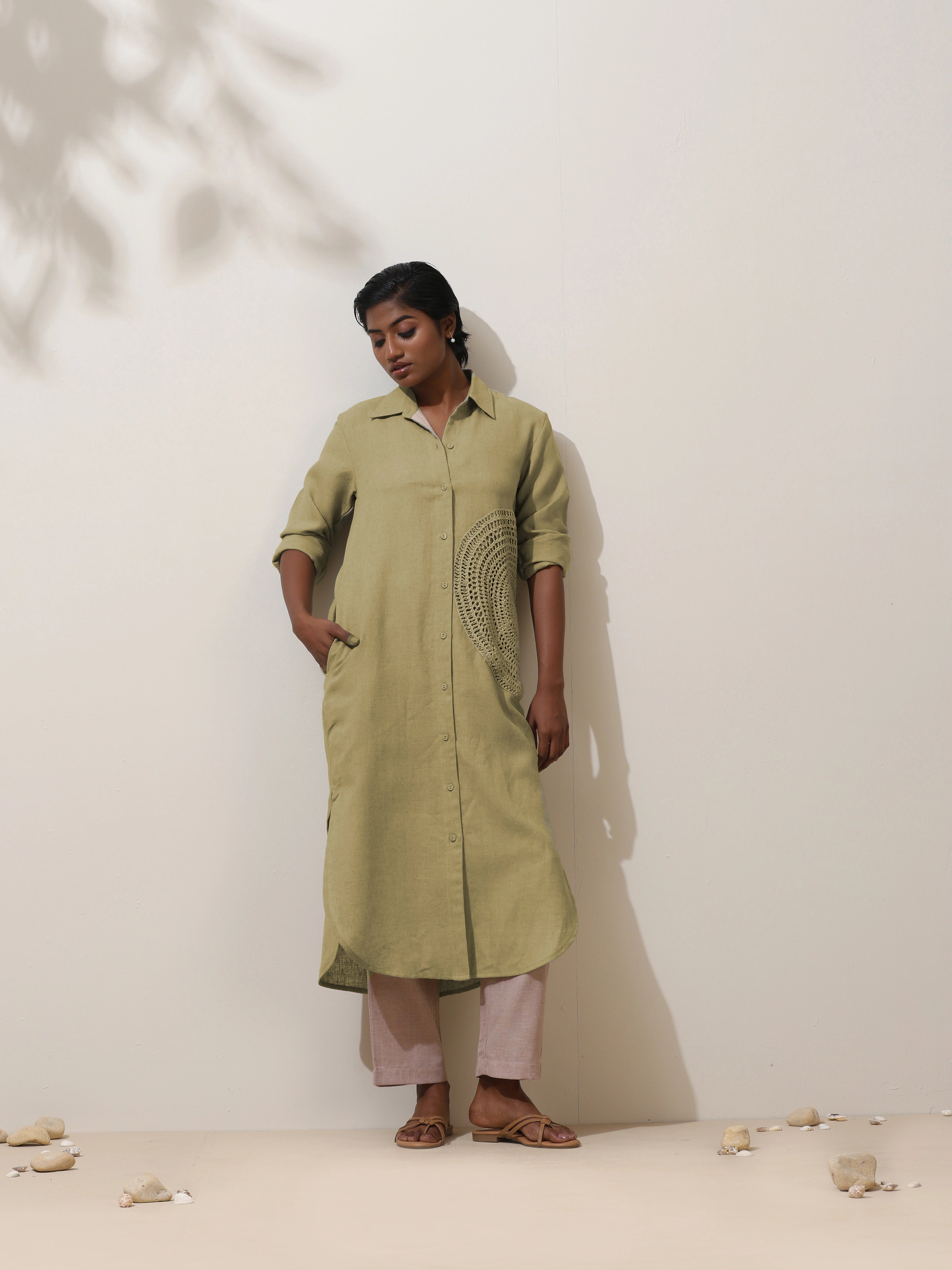 trueBrowns Fern Green Crochet Natural Cotton Kurta Pant Set