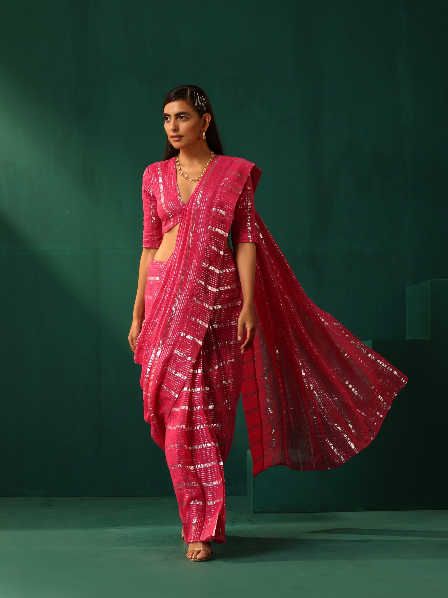 trueBrowns Rani Pink Cotton Silver Striped Ready To Wear Saree