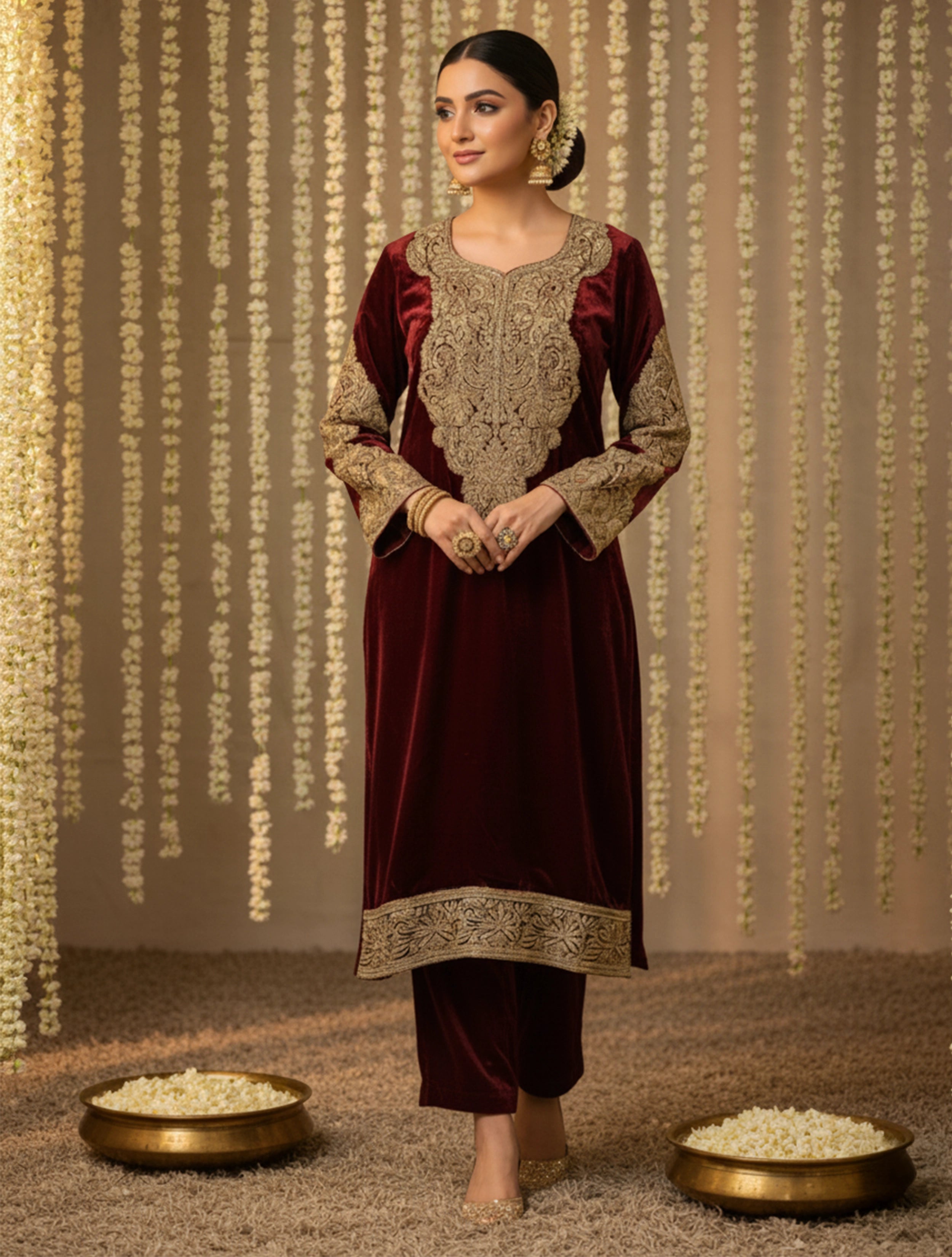 trueBrowns Maroon Velvet Embroidered Chogha Pants Dupatta Set