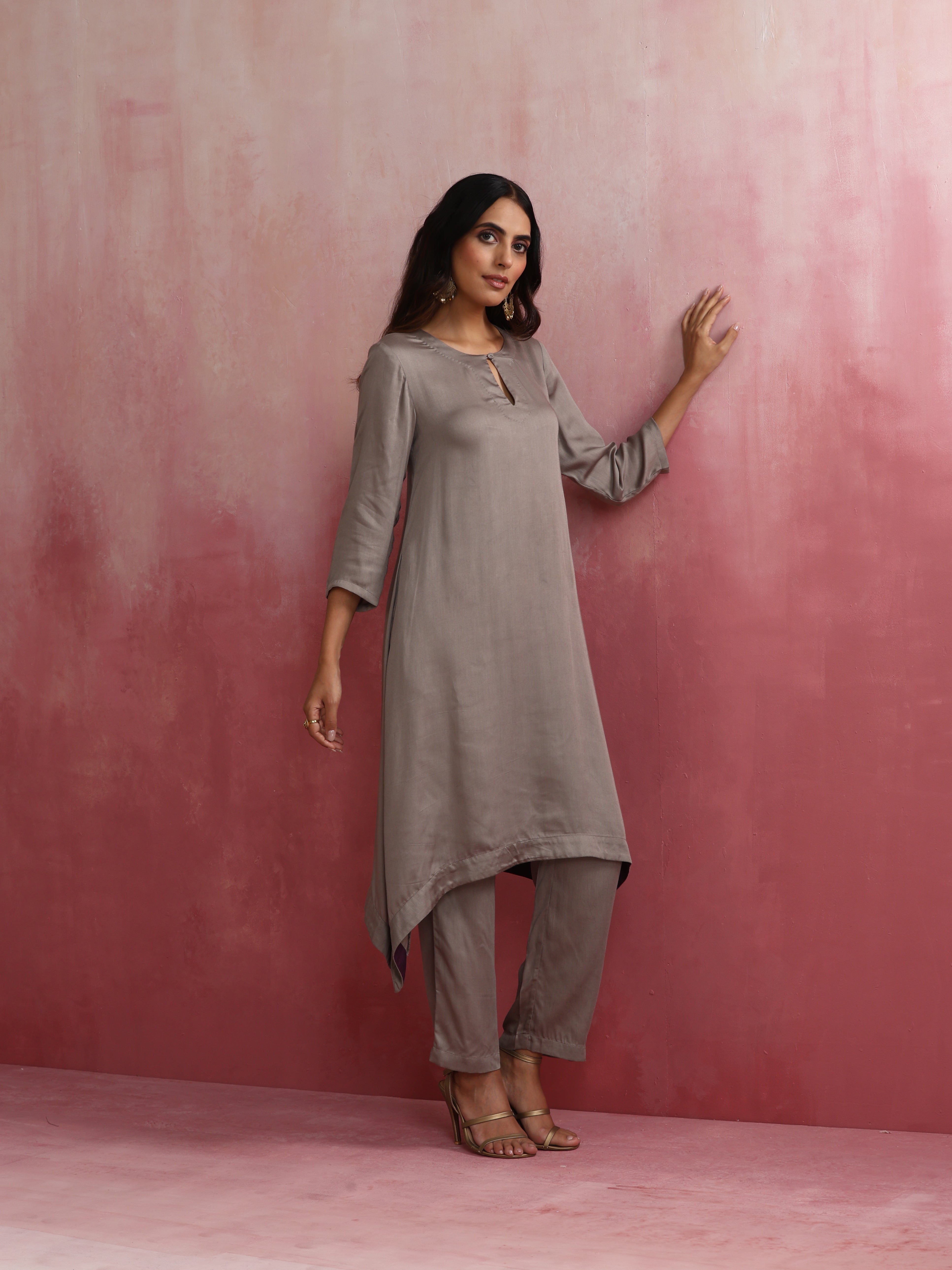 trueBrowns Grey High low Kurta Set