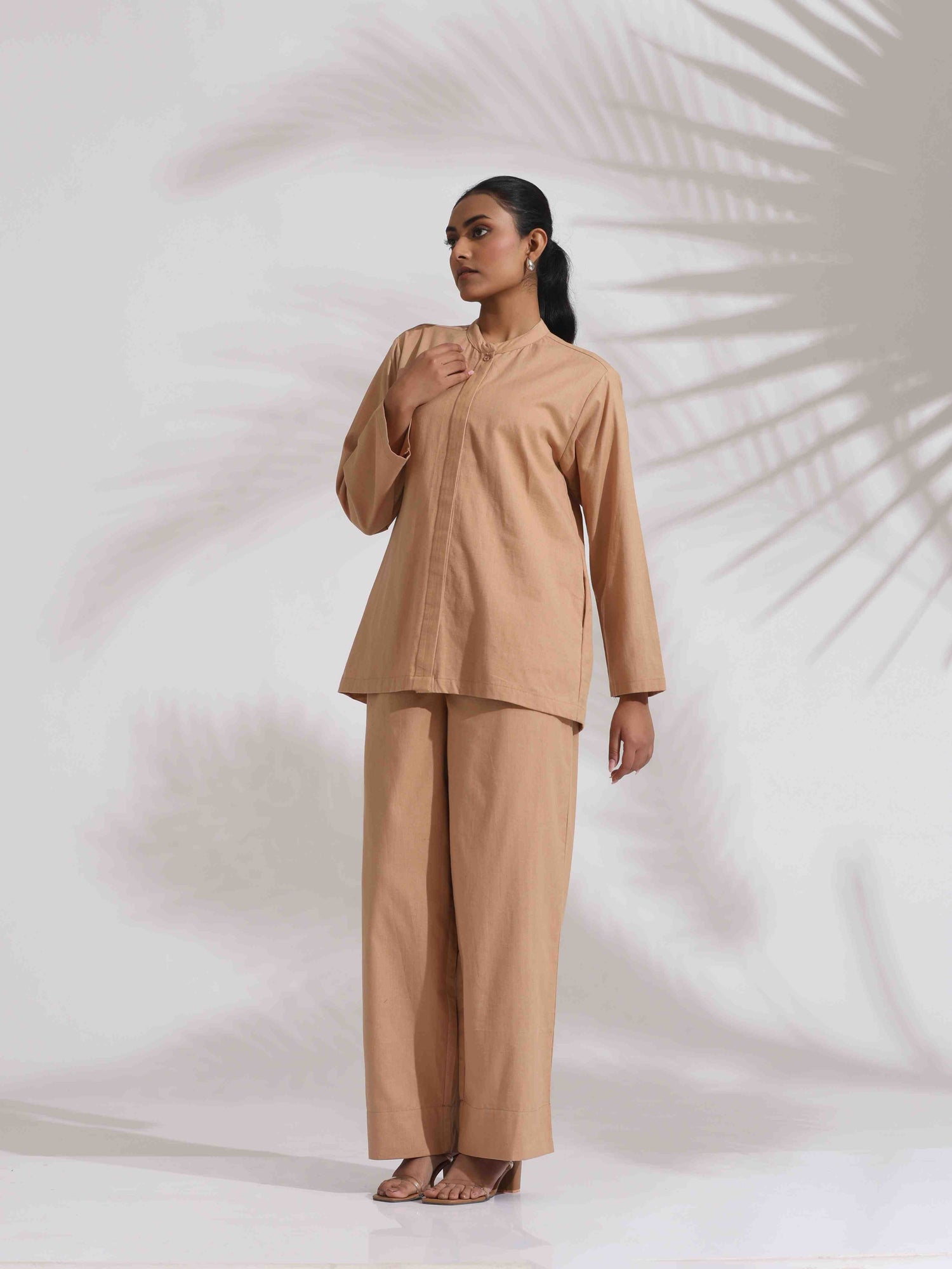 trueBrowns Beige Cotton Embroidered Shirt Top Co-ord Set