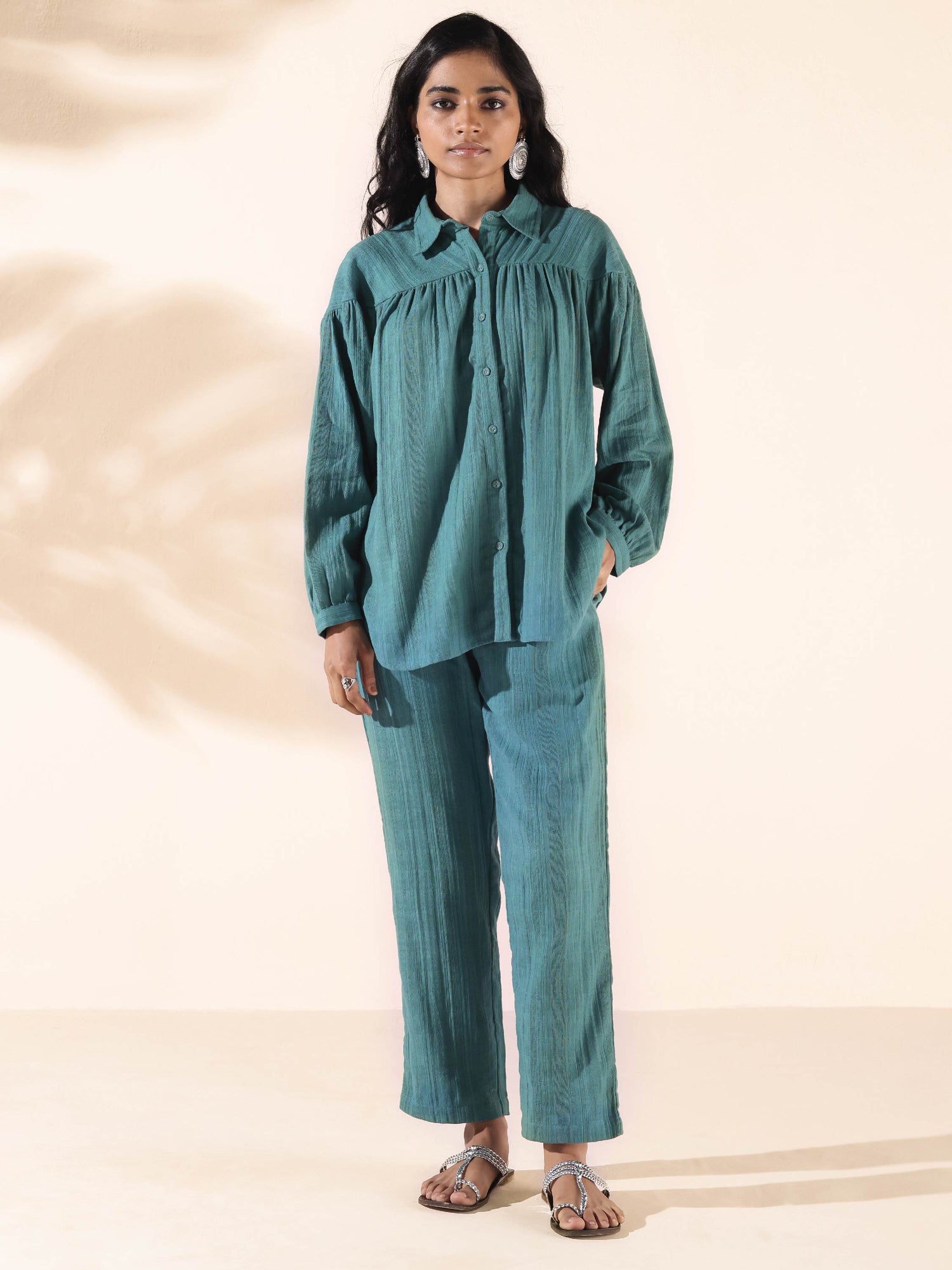 trueBrowns Turquoise Cotton Dobby Shirt Co-ord Set