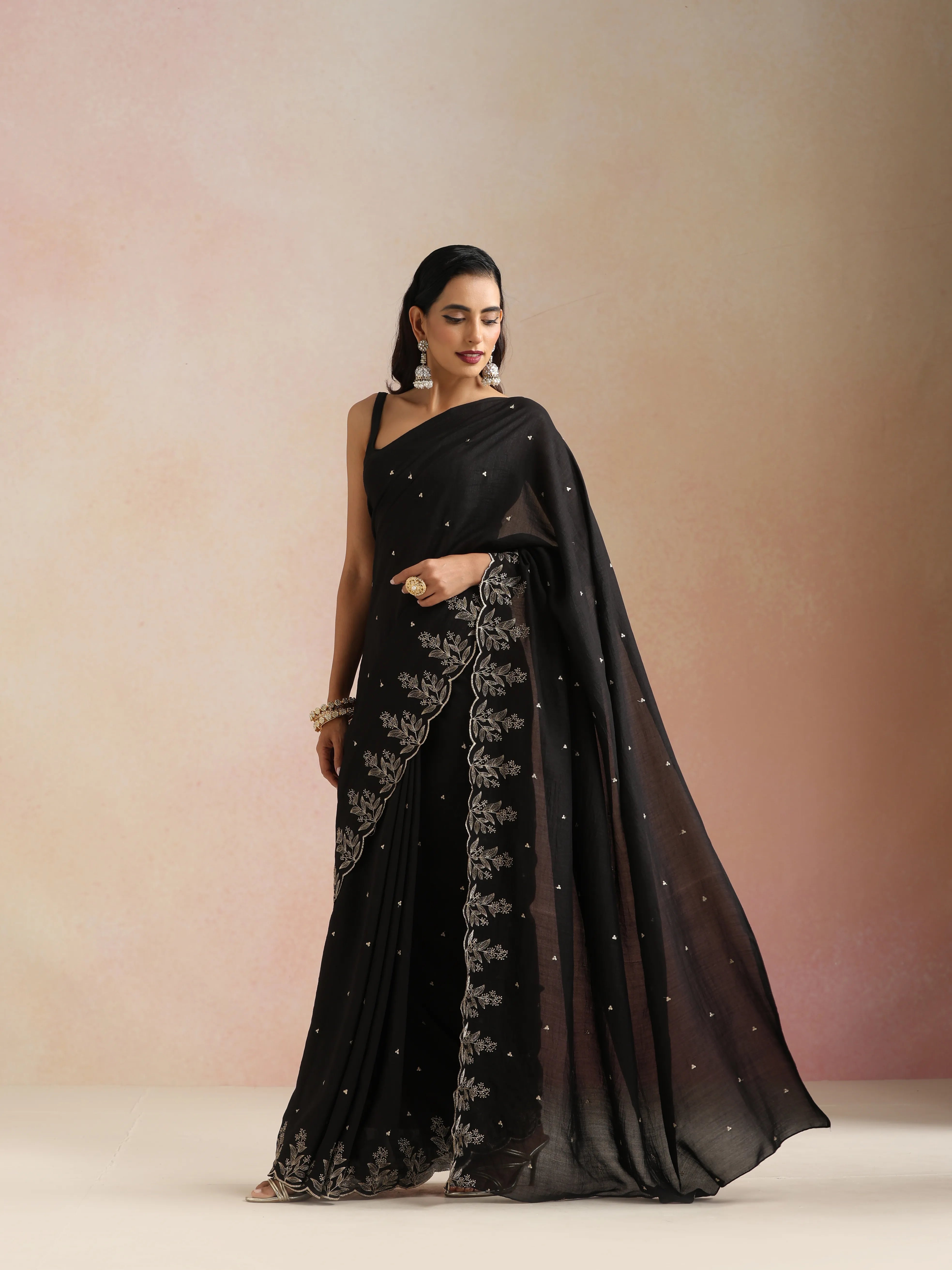 trueBrowns Black All Over Zari Embroidered Saree With Unstitched Blouse