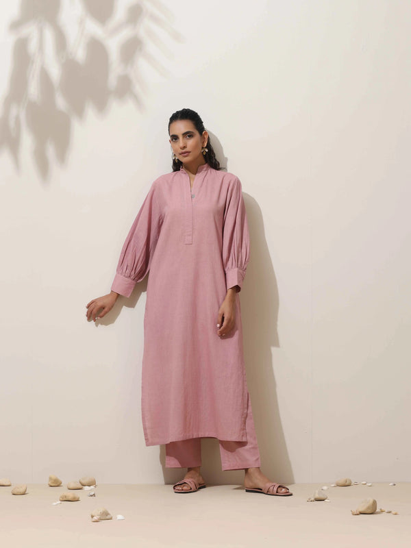 trueBrowns Pink Cotton Linen Kurta Pant Set