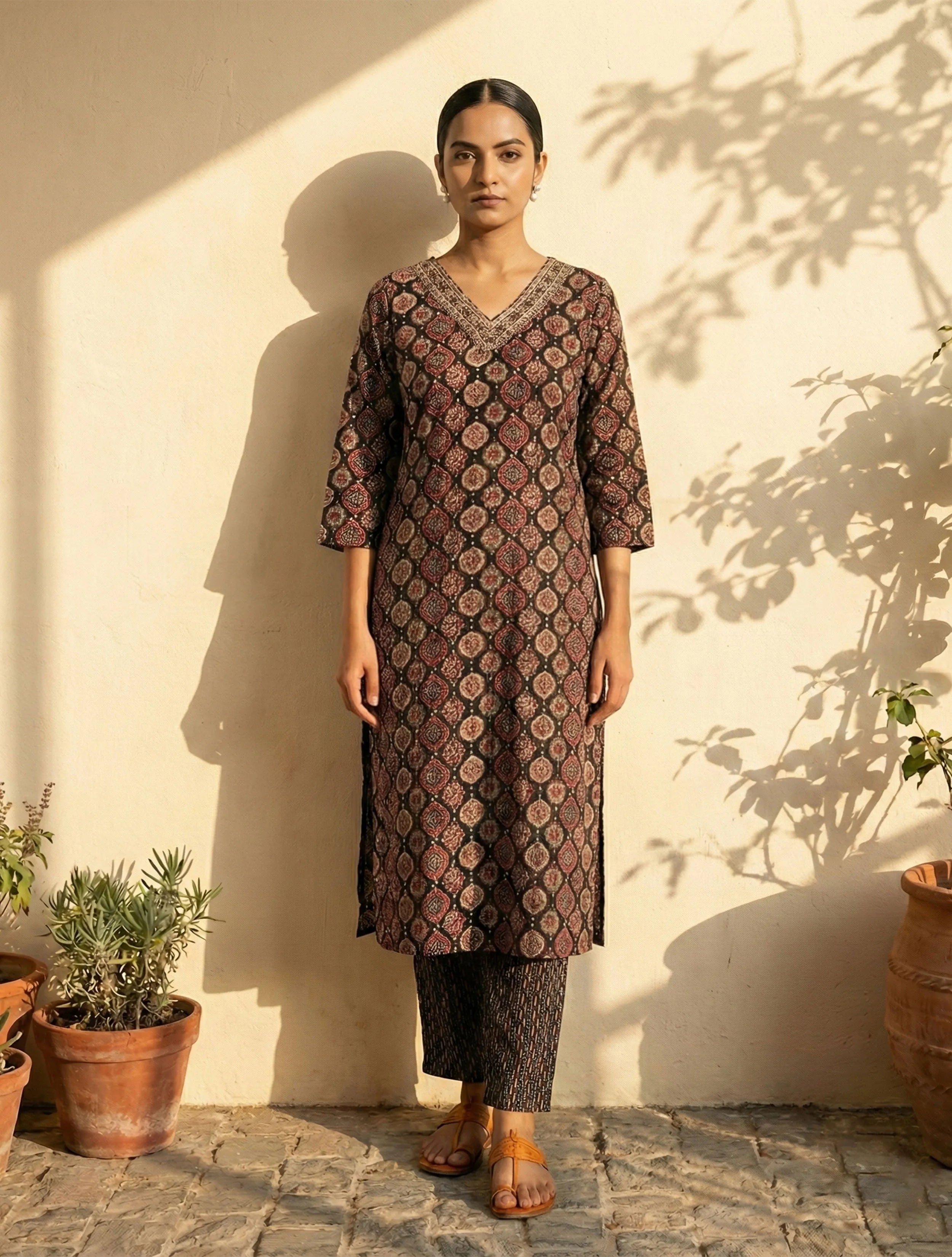 trueBrowns Black Print Embroidered V-Neck Kurta Pant Dupatta Set