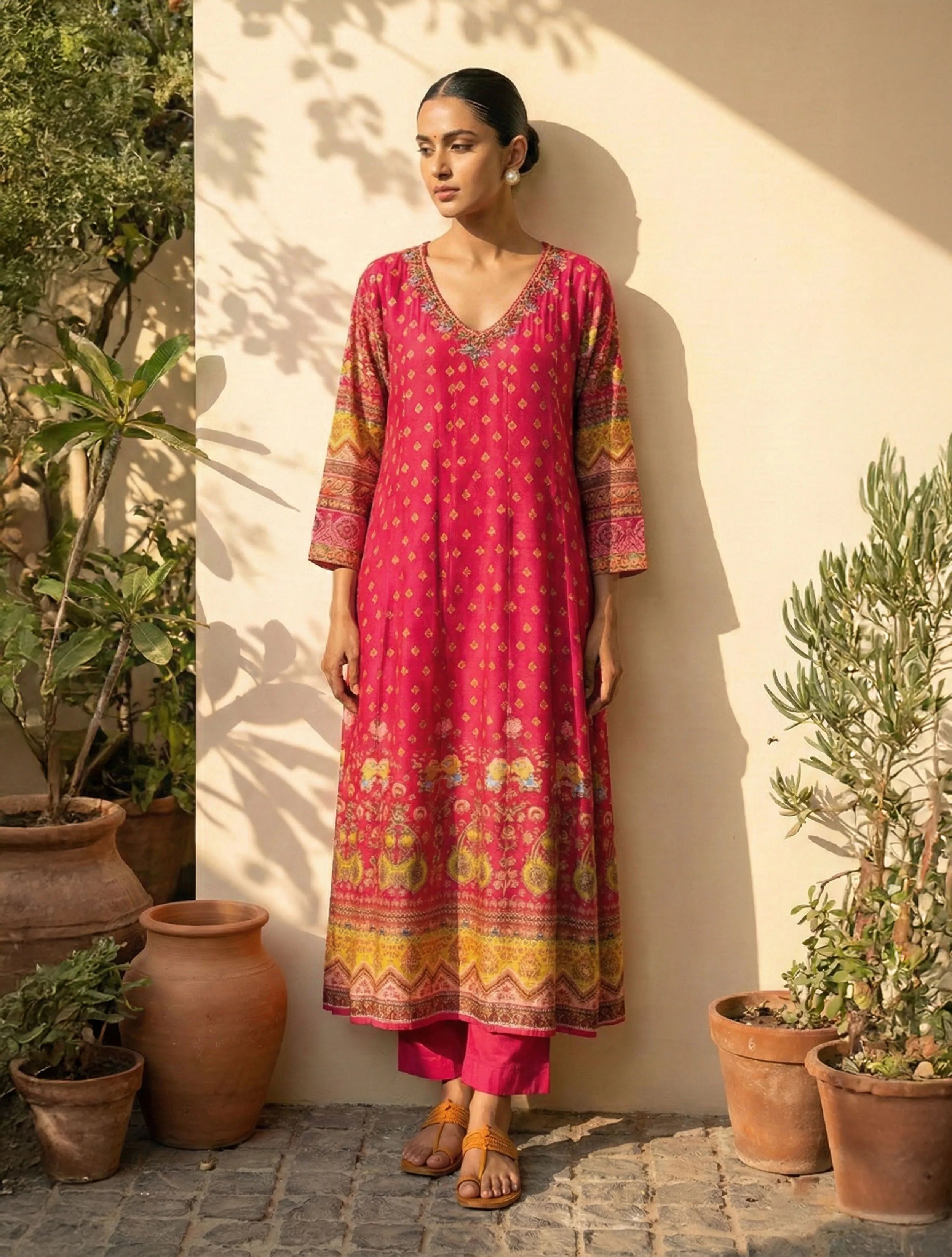 trueBrowns Pink Print Embroidered Anarkali Kurta Pant Dupatta Set