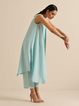 Sky Blue Slub Sleeveless Flared Kurta Pant Set