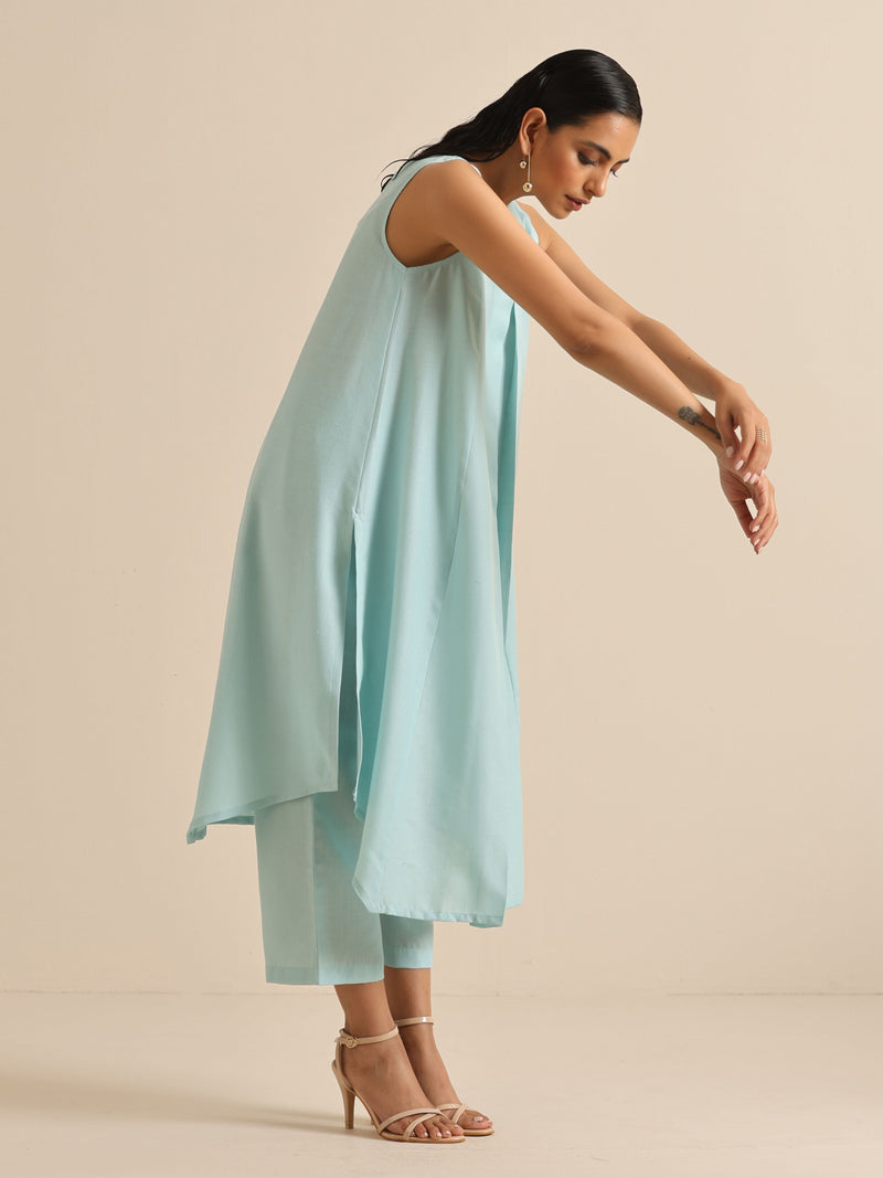 Sky Blue Slub Sleeveless Flared Kurta Pant Set