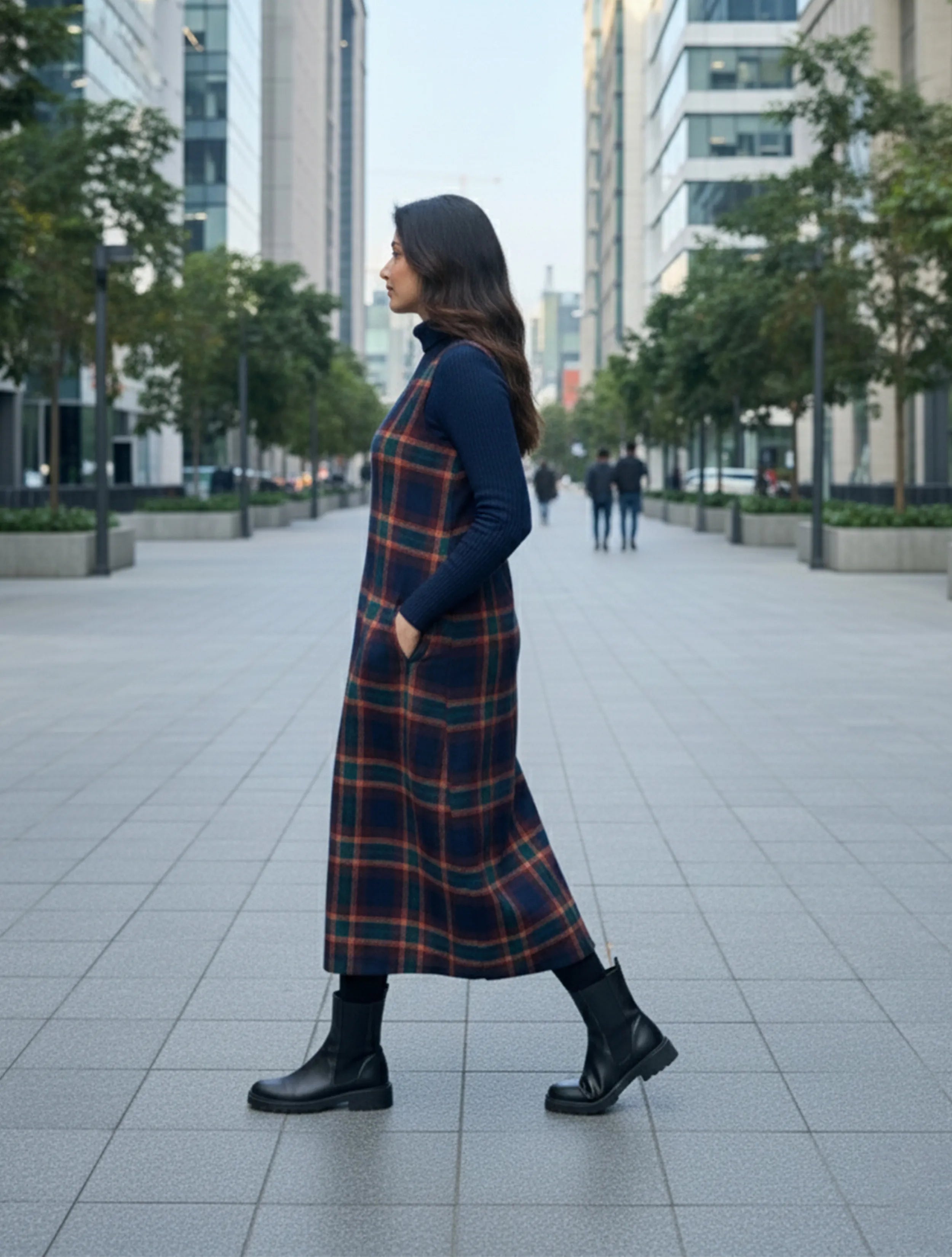 trueBrowns Navy Sleeveless Check Woollen Dress