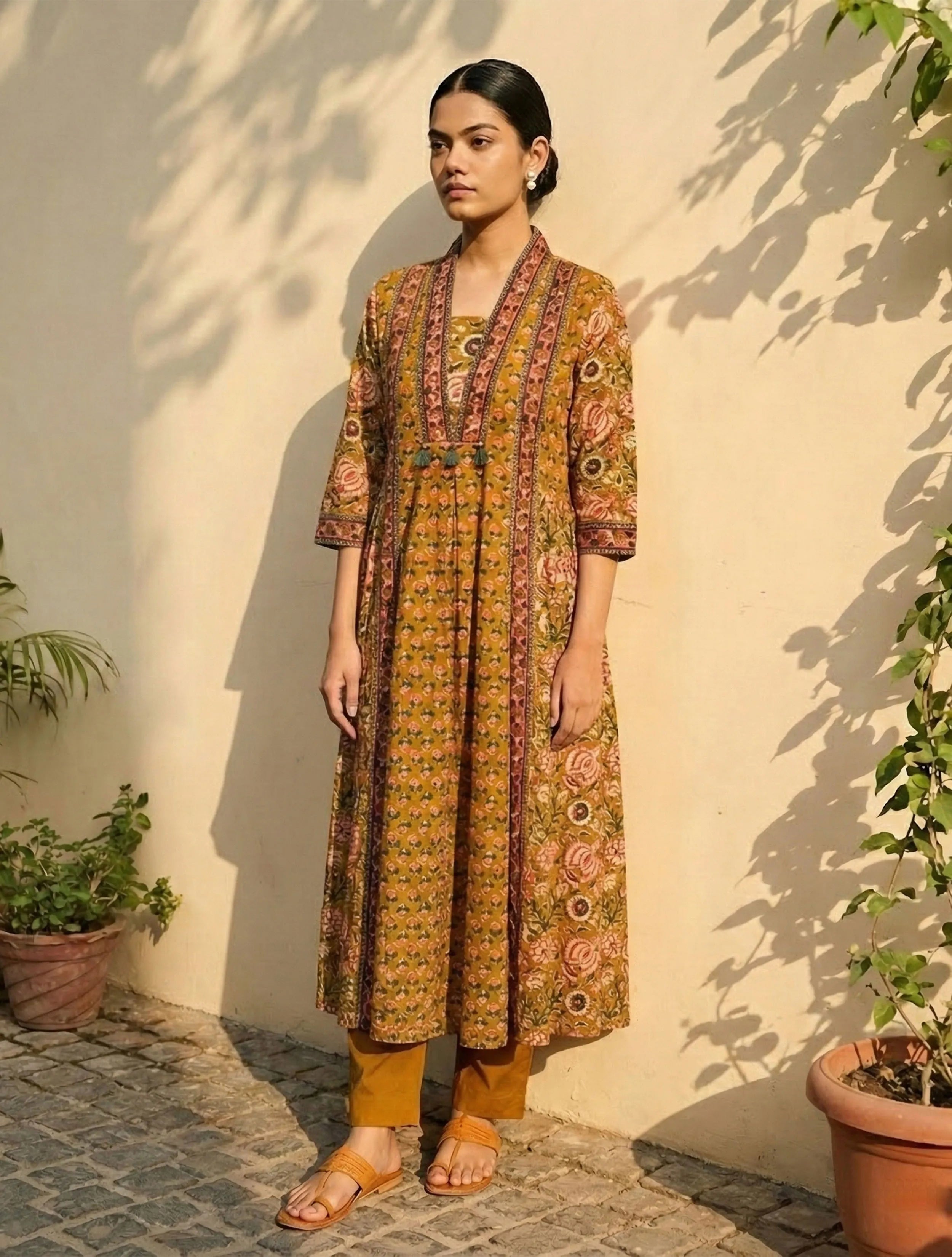 trueBrowns Mustard Floral Print Anarkali Kurta Pant Dupatta Set