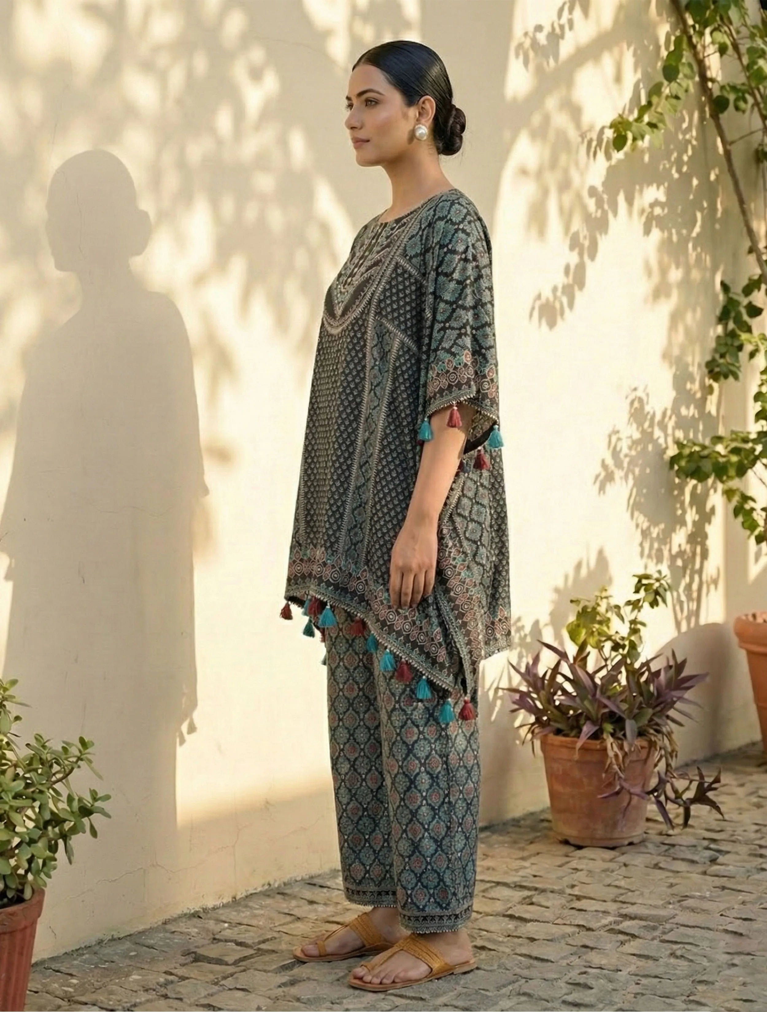 trueBrowns Black Print Embroidered Kaftan Co-Ord Set