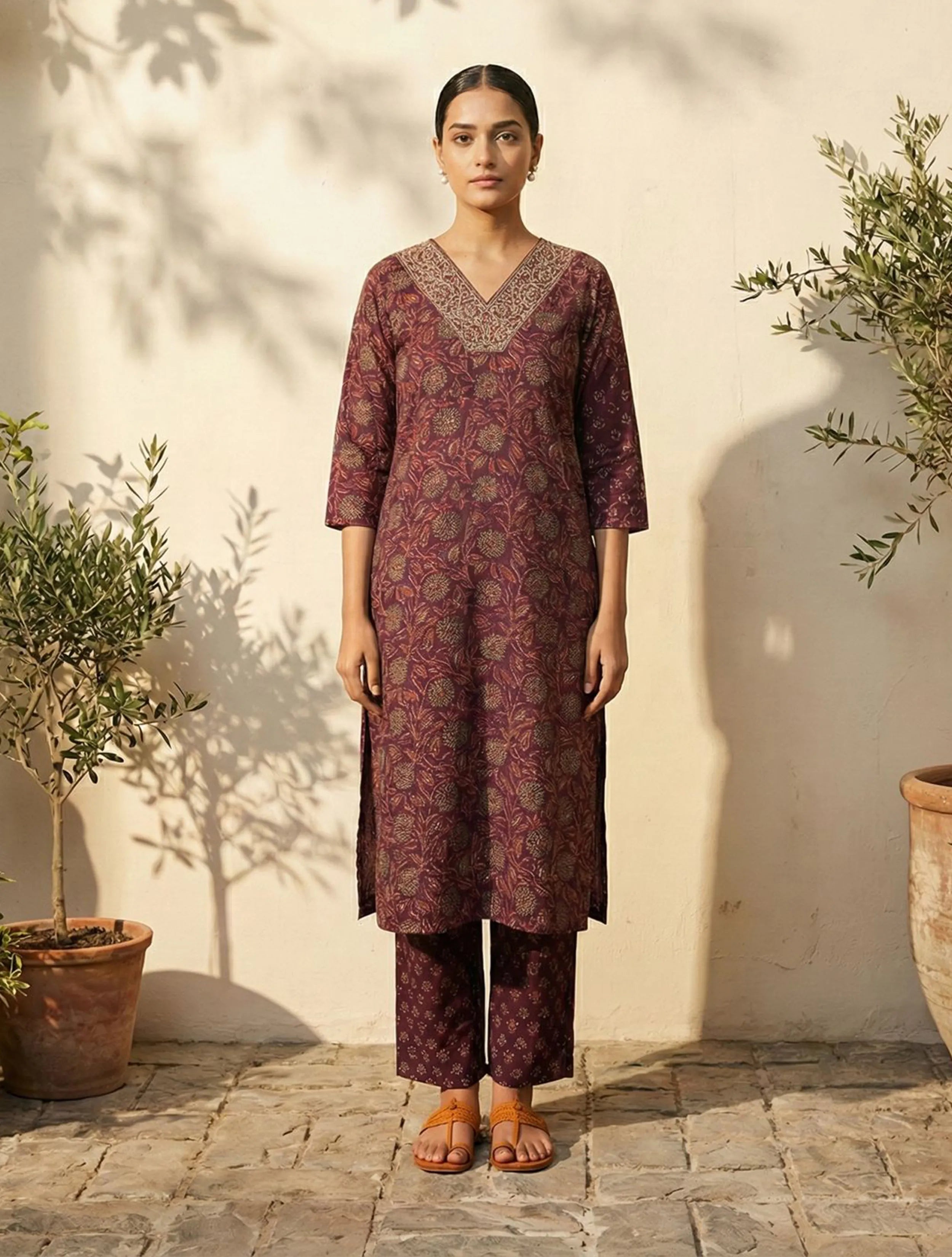 trueBrowns Purple Floral Print Embroidered V-Neck Kurta Pant Dupatta Set