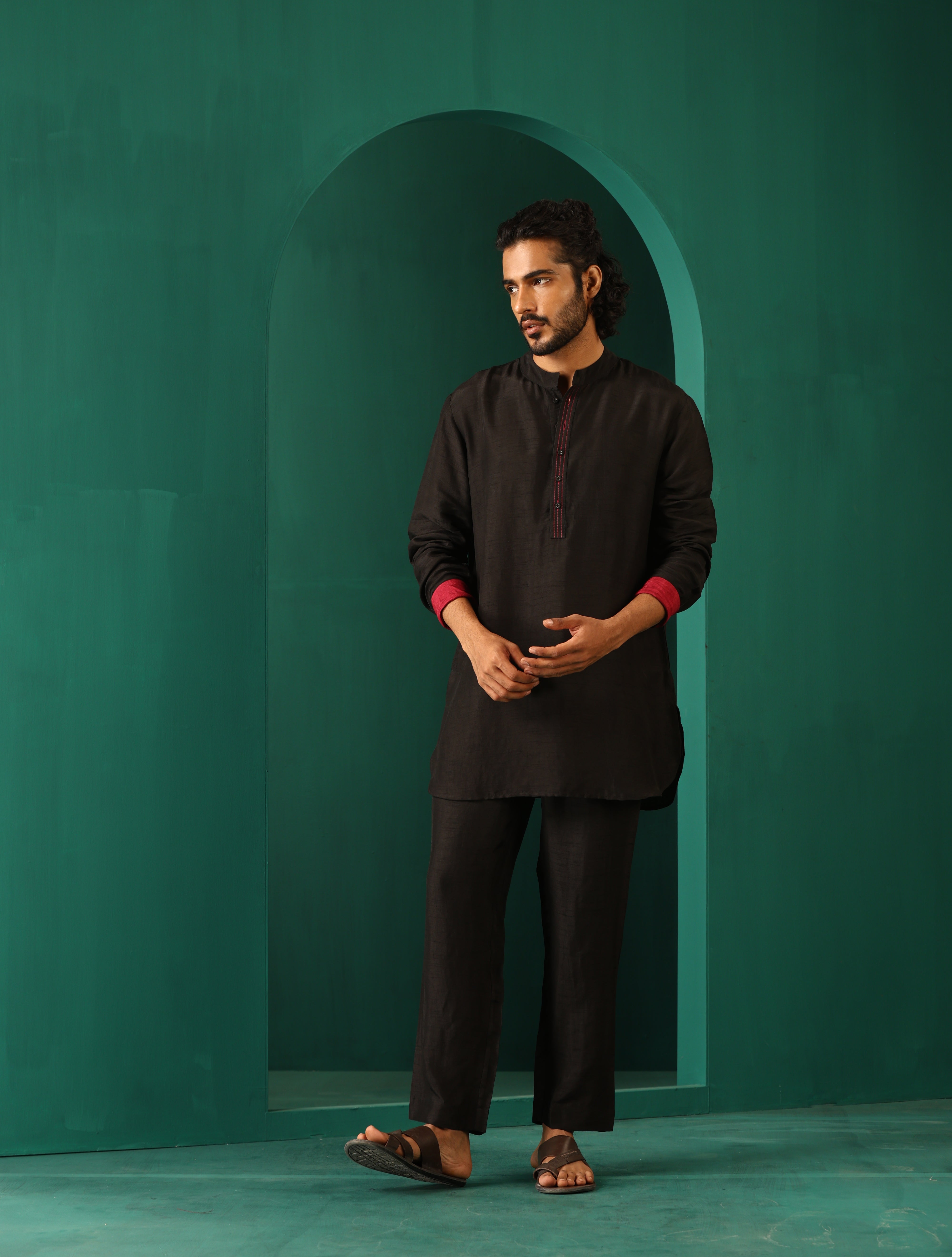 trueBrowns Men Black Silk Co-ord Set Stitch Detail