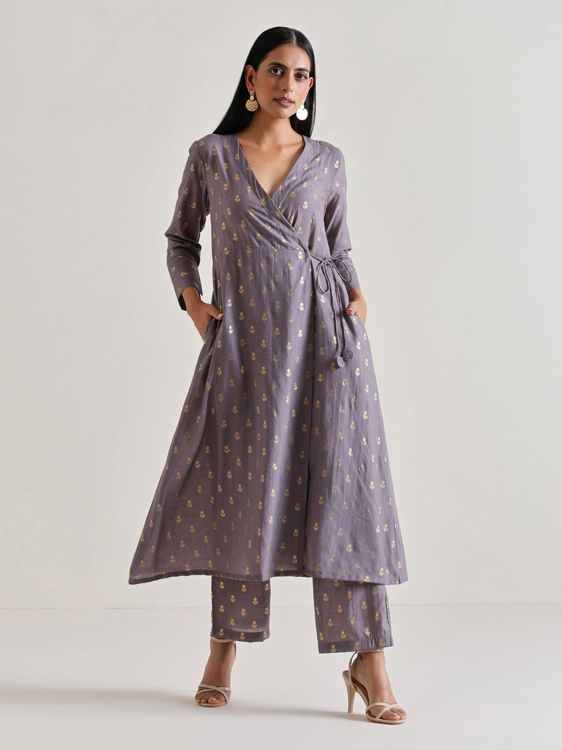 Plum Grey Foil Angrakha Kurta Set