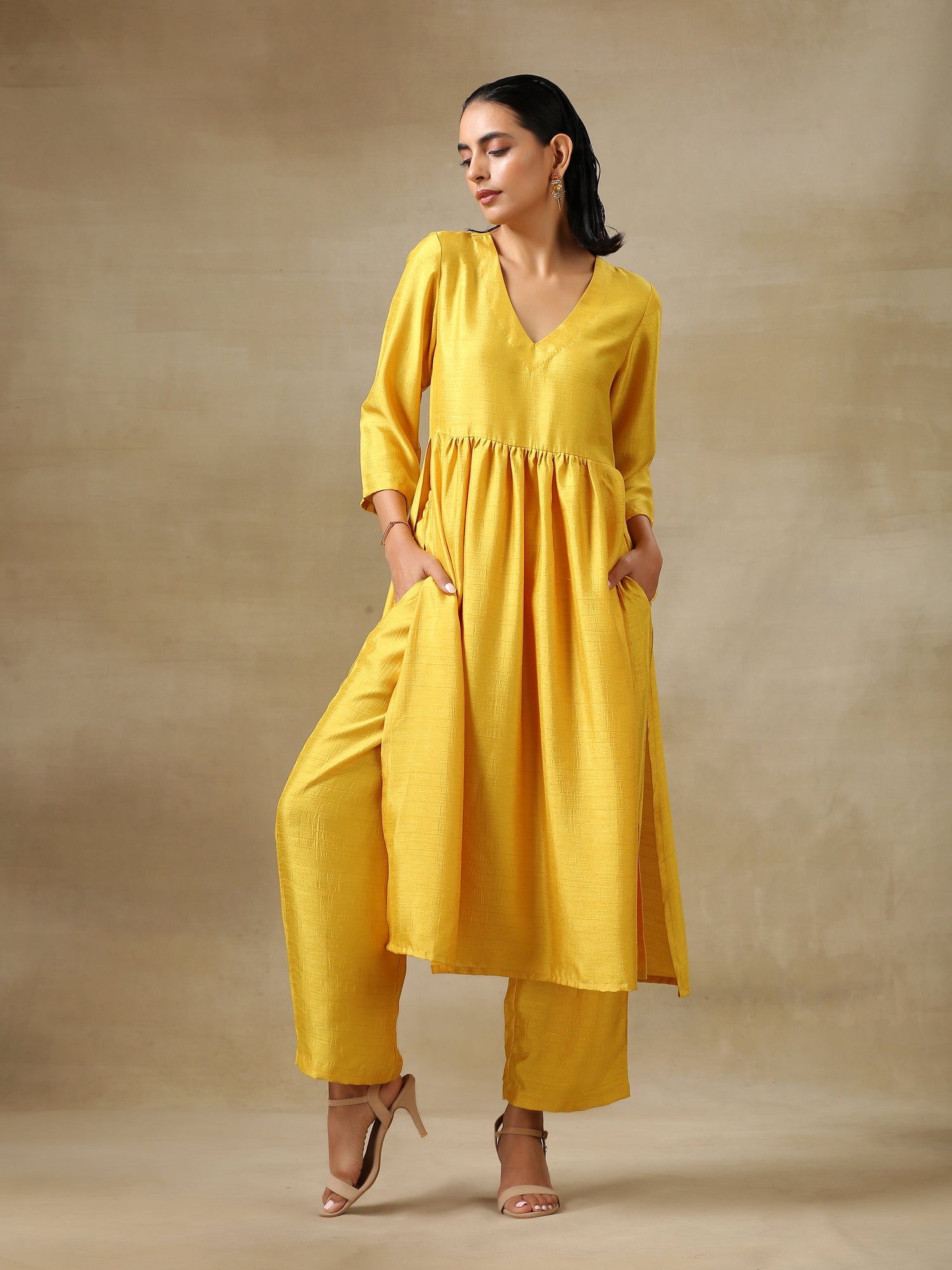 Yellow Textured Silk High Slit Gathered Kurta Set