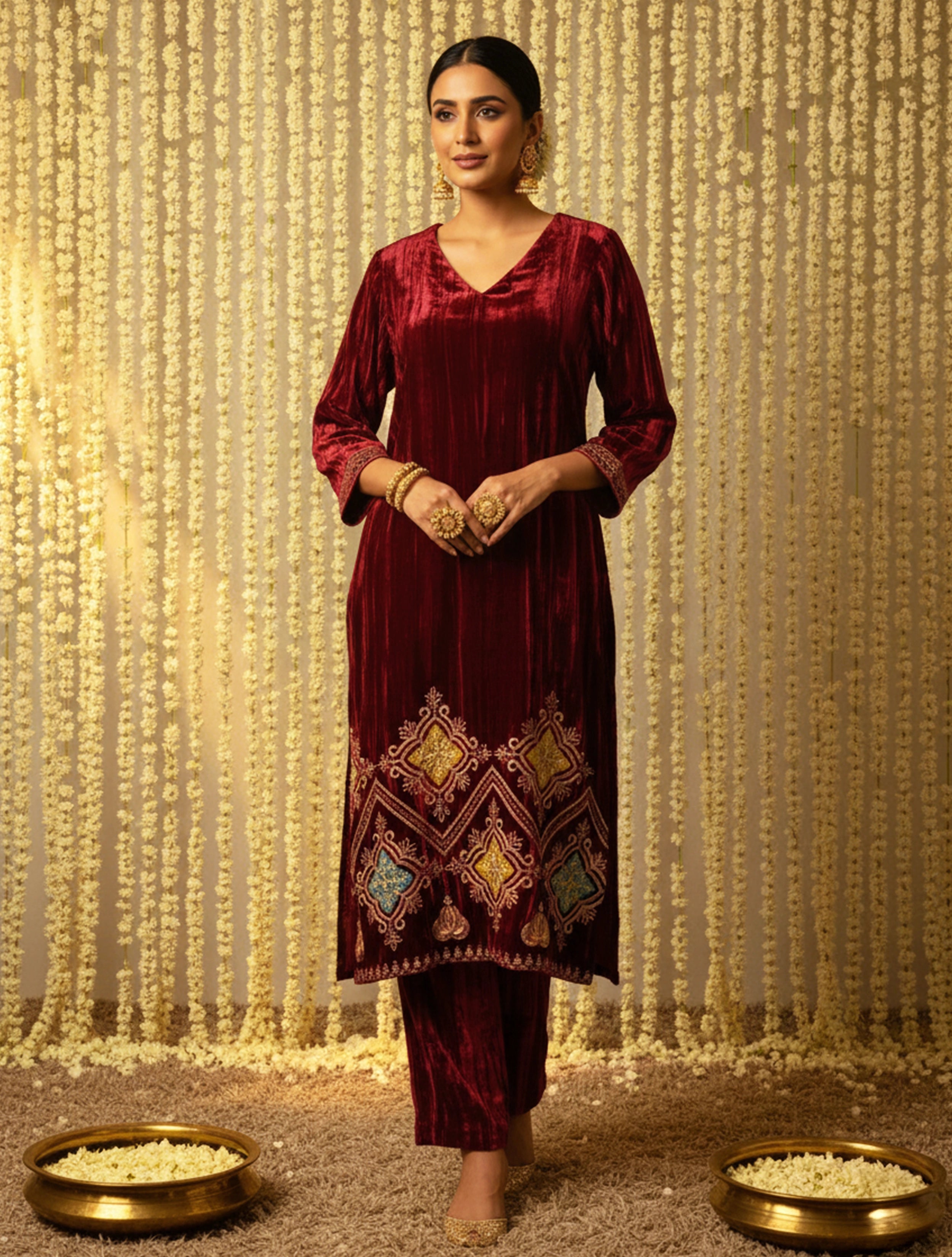 trueBrowns Maroon Crinkled Velvet Embroidered Kurta Pants Dupatta Set