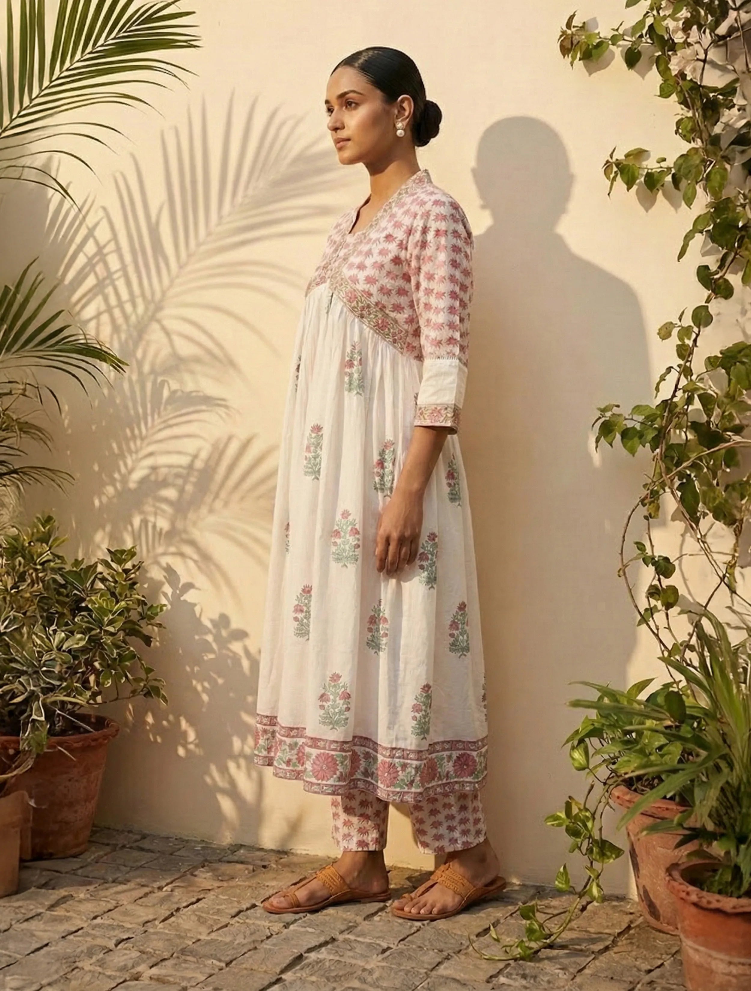 trueBrowns White Pink Boota Print Anarkali Kurta Pant Dupatta Set