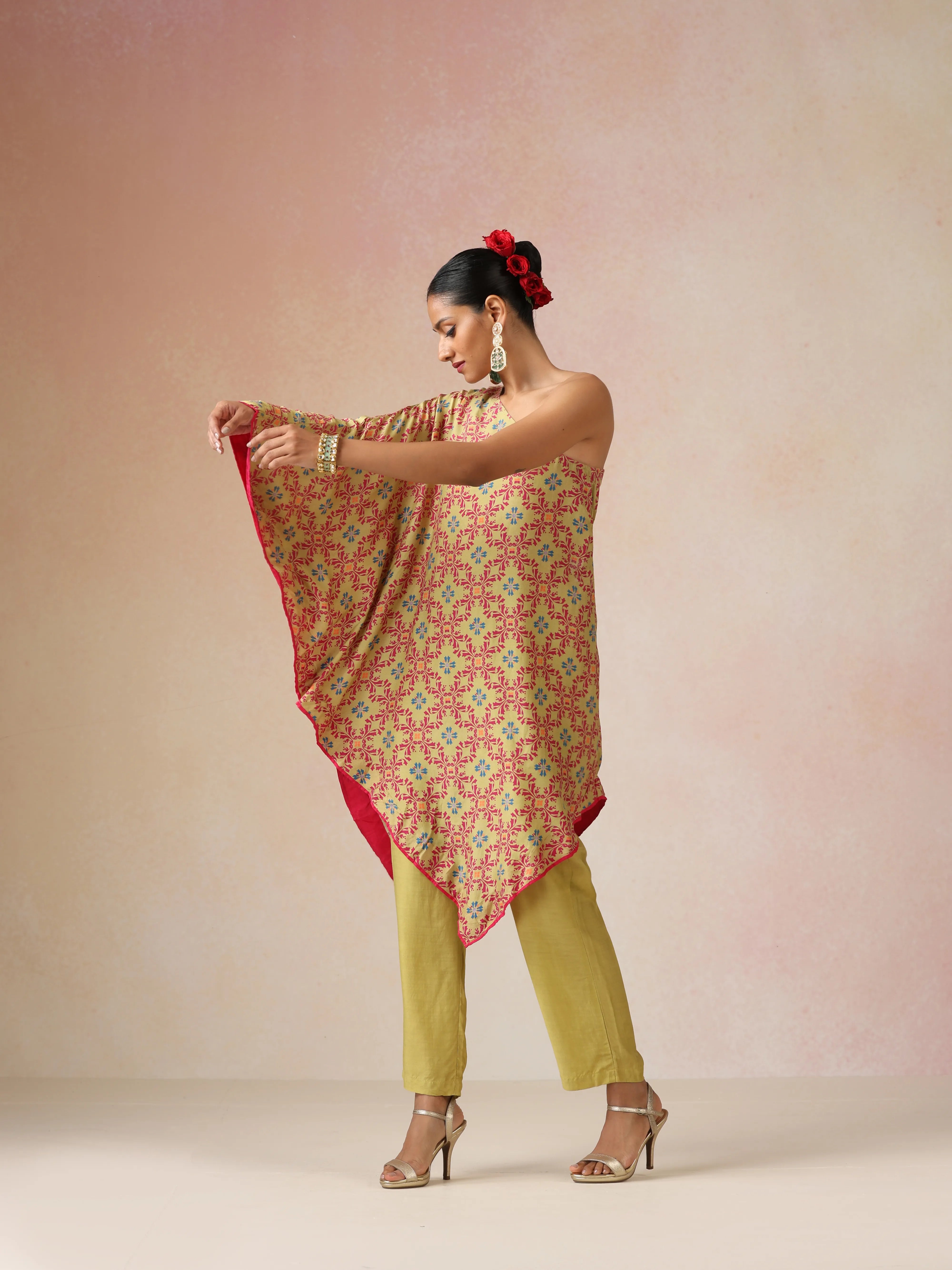 trueBrowns Light Green Pink Jaal Print Viscose Asymmetric One-Shoulder Kurta Co-ord Set