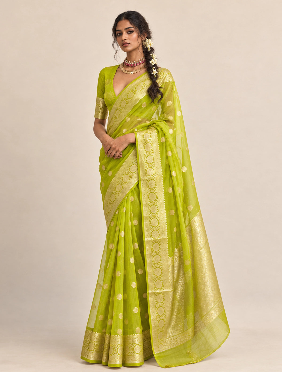 trueBrowns Green Weave Gold Boota Silk Organza Handloom Saree With Unstitched Blouse