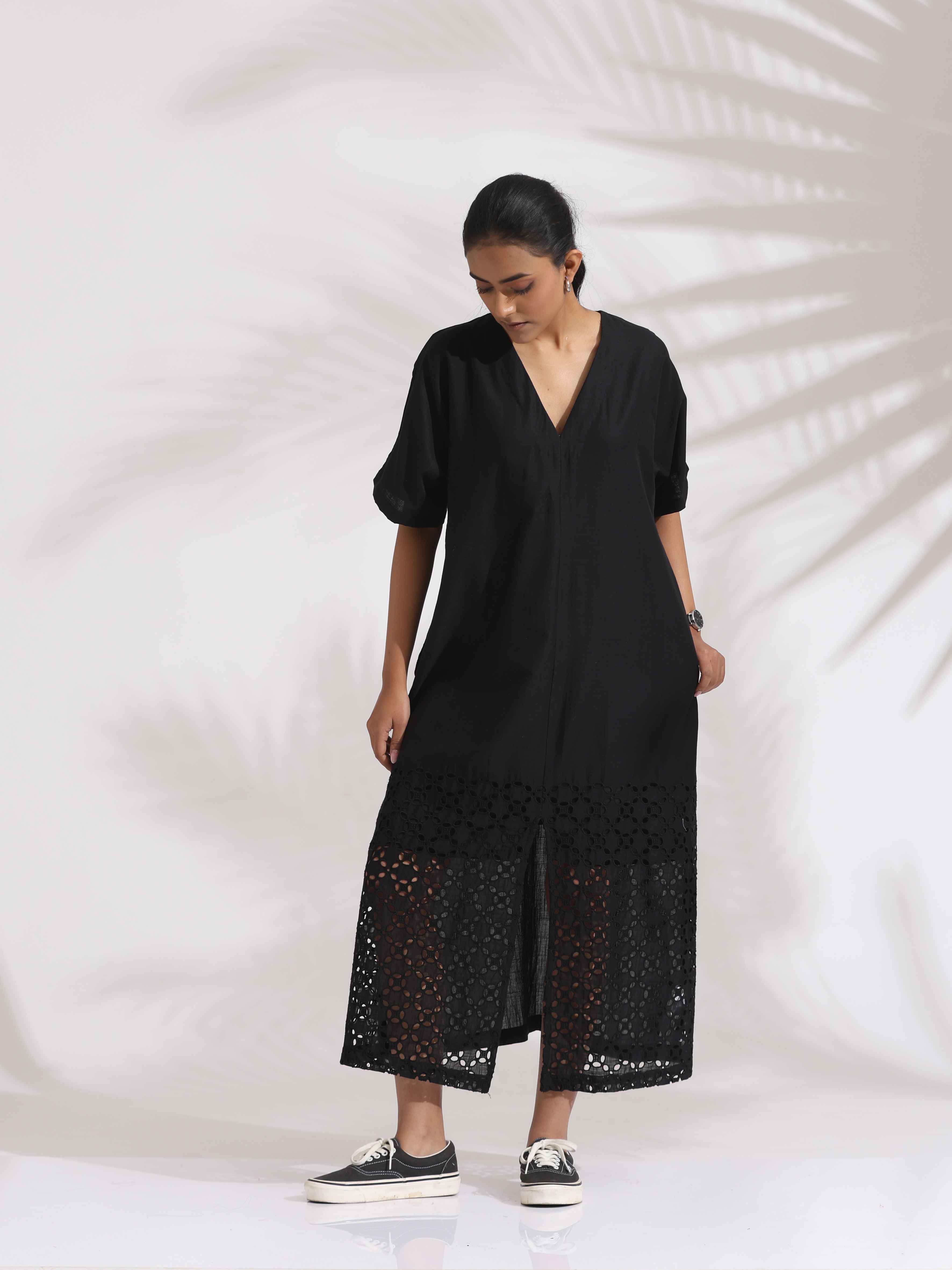 trueBrowns Black Cotton Schiffli Slit Dress