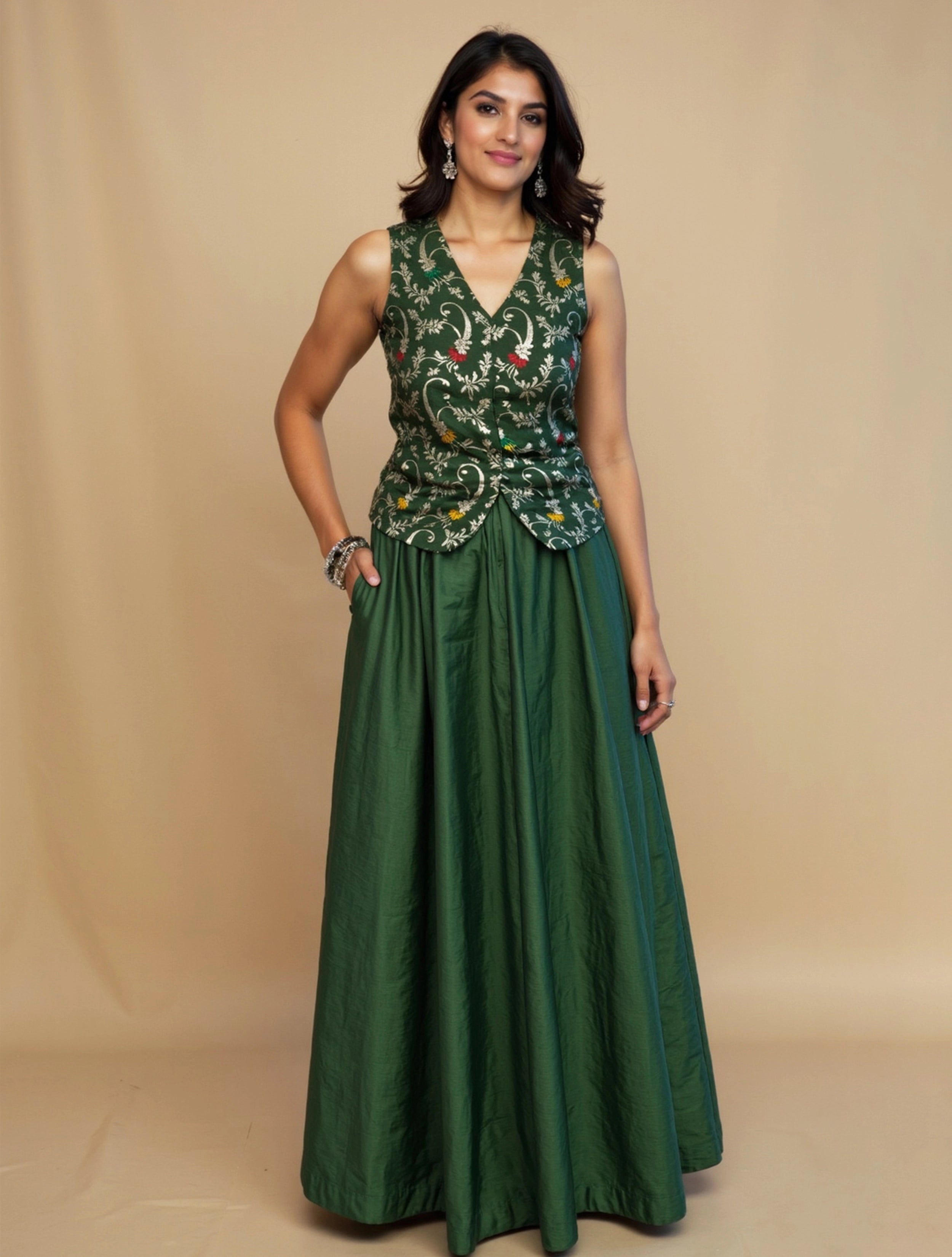 trueBrowns Green Brocade Jacket Skirt Co-ord Set