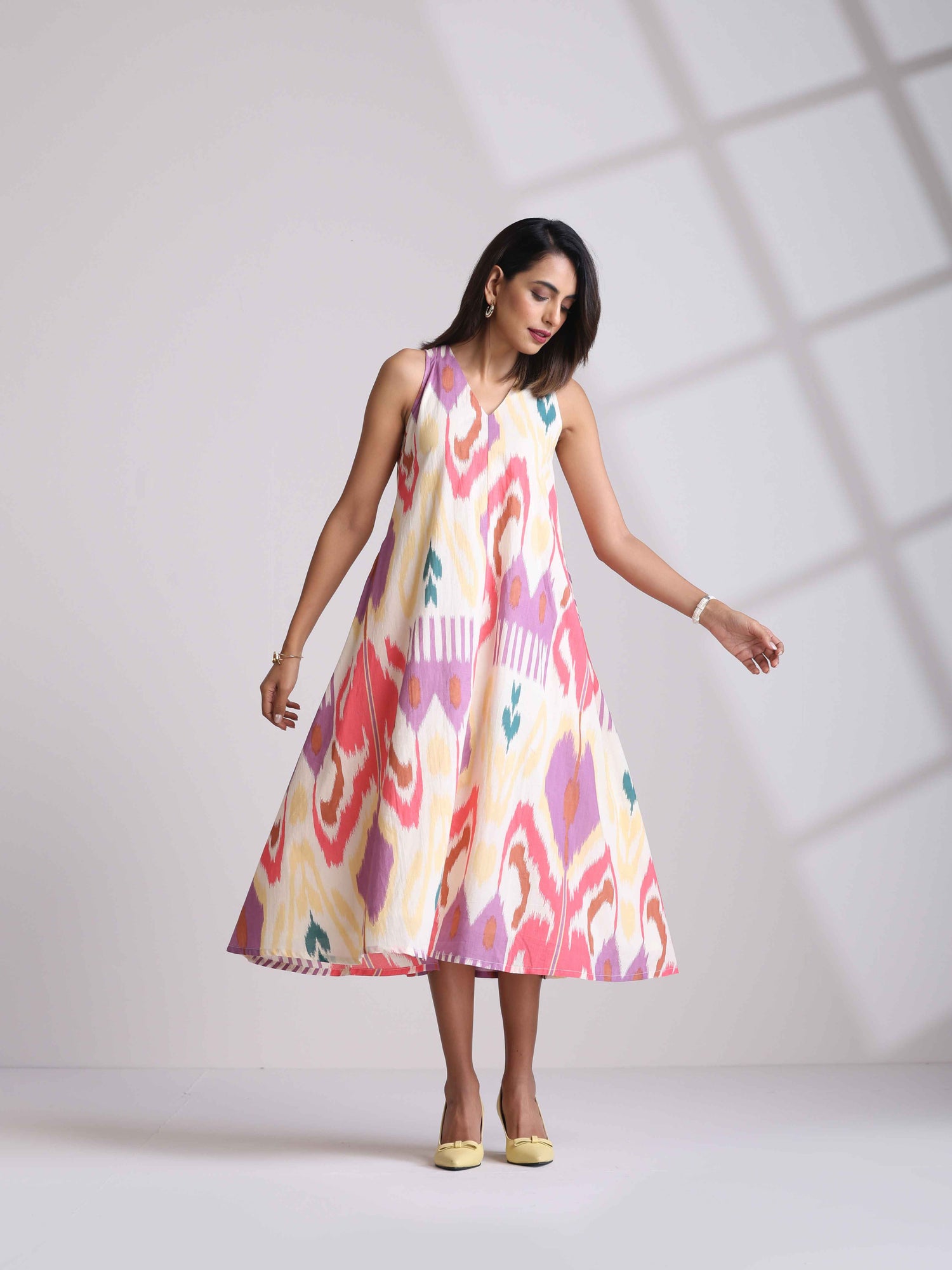trueBrowns Pink Cotton Ikat Sleeveless Dress