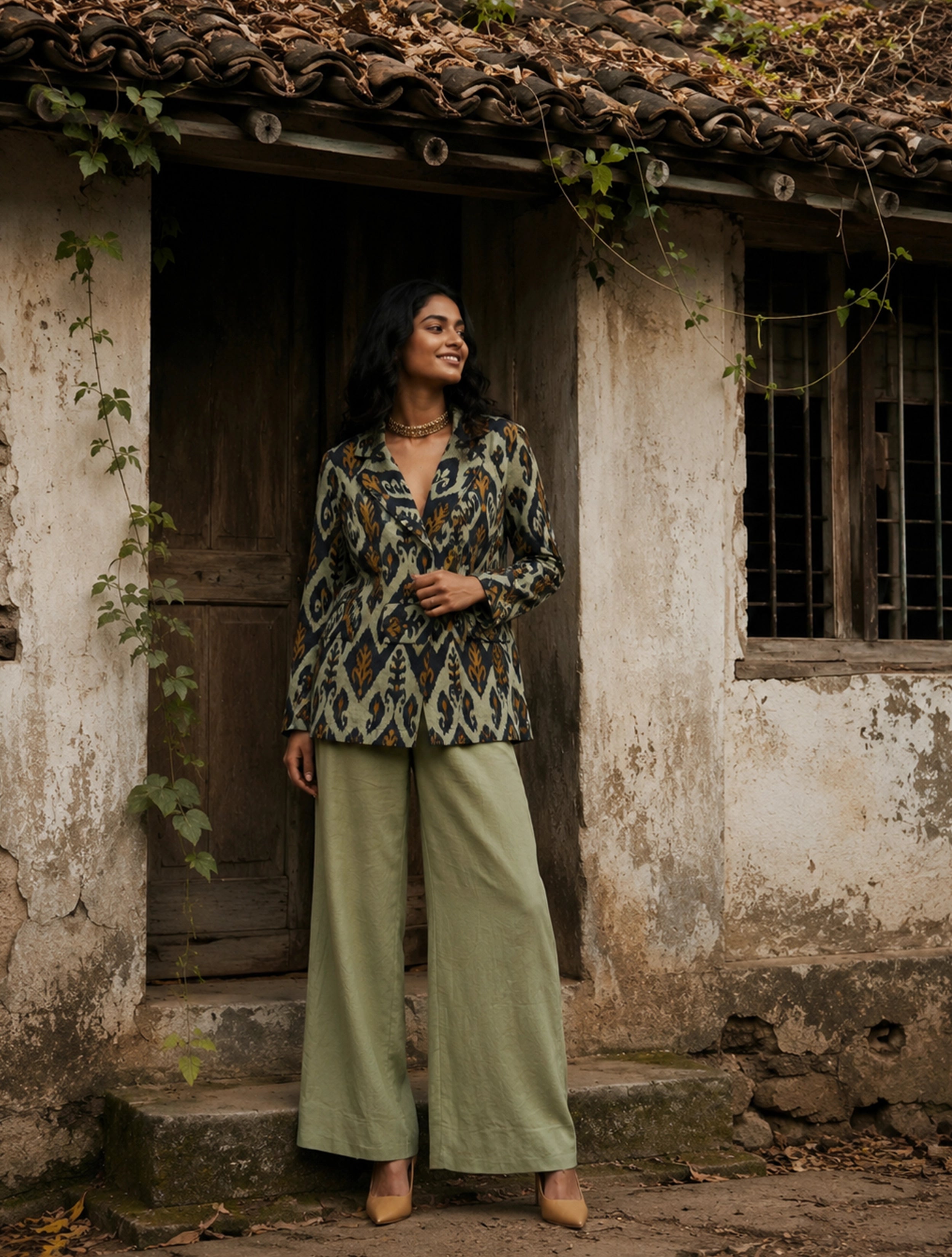 trueBrowns Mint Green Ikat Print Cotton Poplin Blazer Co-Ord Set