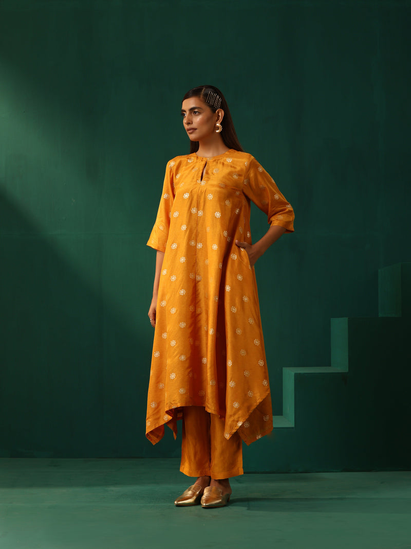 trueBrowns Mustard Geometric Viscose Silk Kurta Pant Set