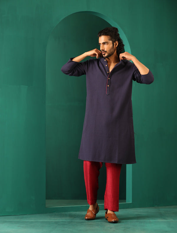 trueBrowns Men Navy Dobby Textured Kurta
