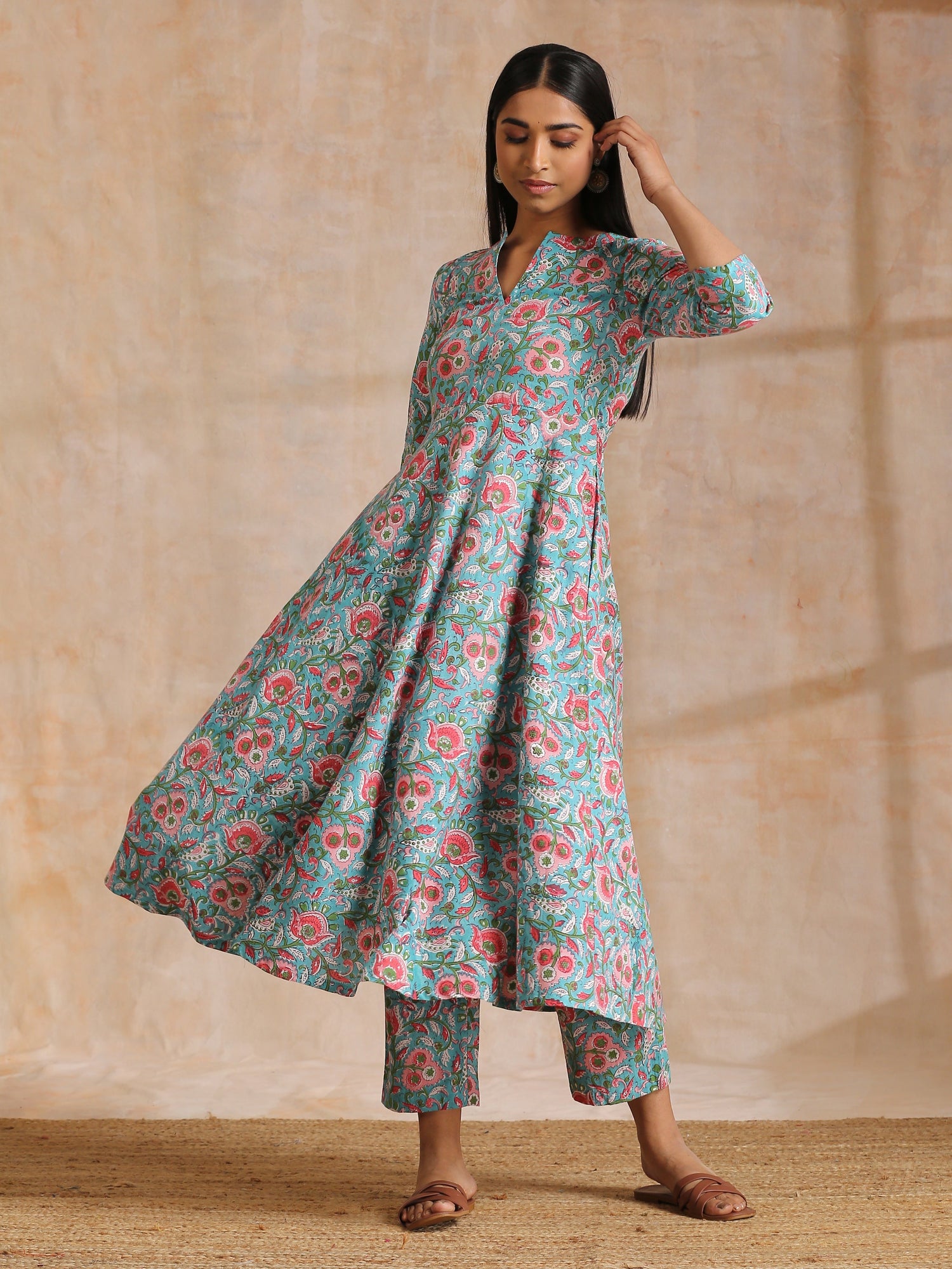 Turkish Blue Overall Floral Block Print Cotton Flared Kurta Pant Set