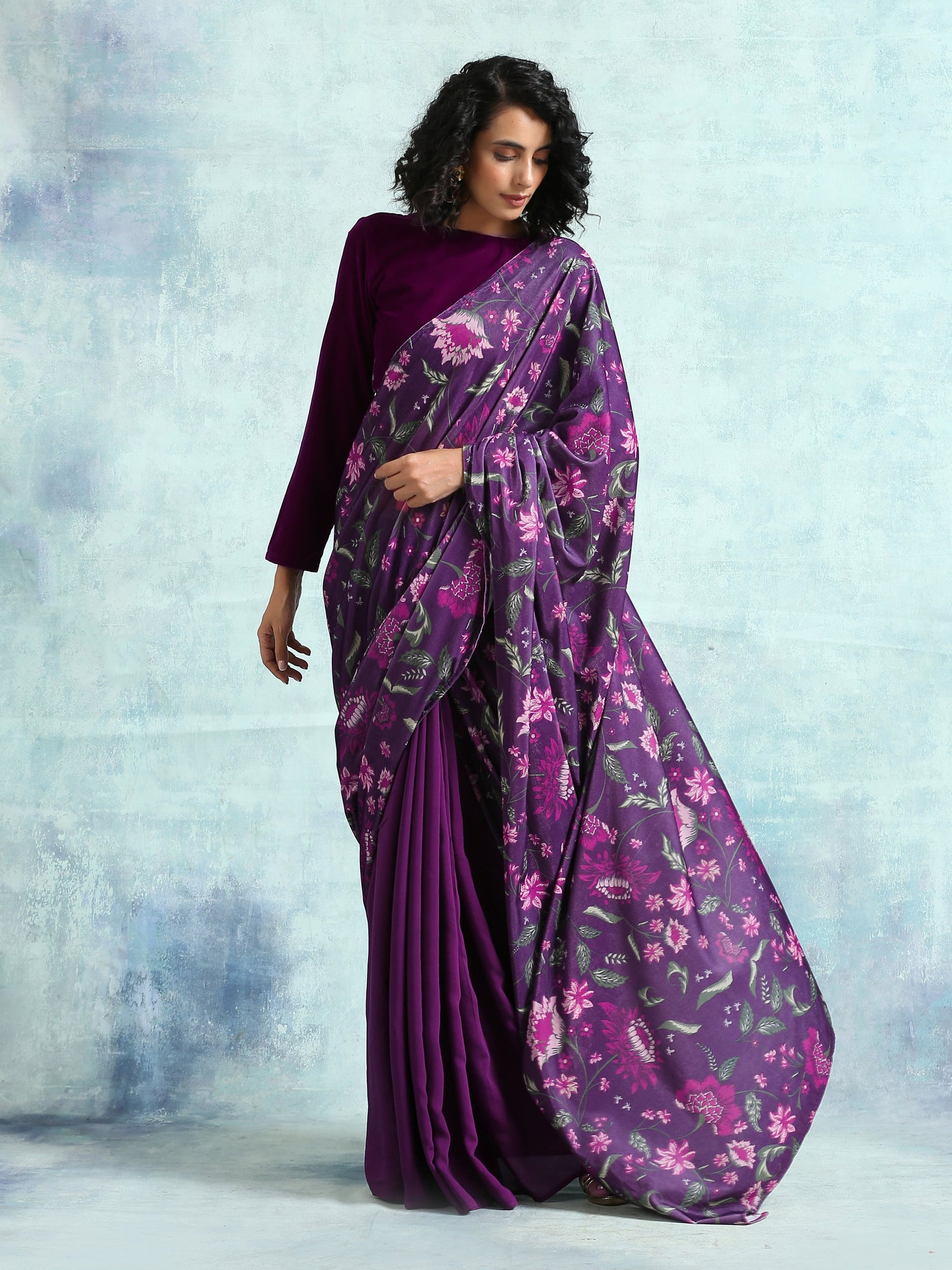 Wine Printed Velvet Pre-Stitched Saree