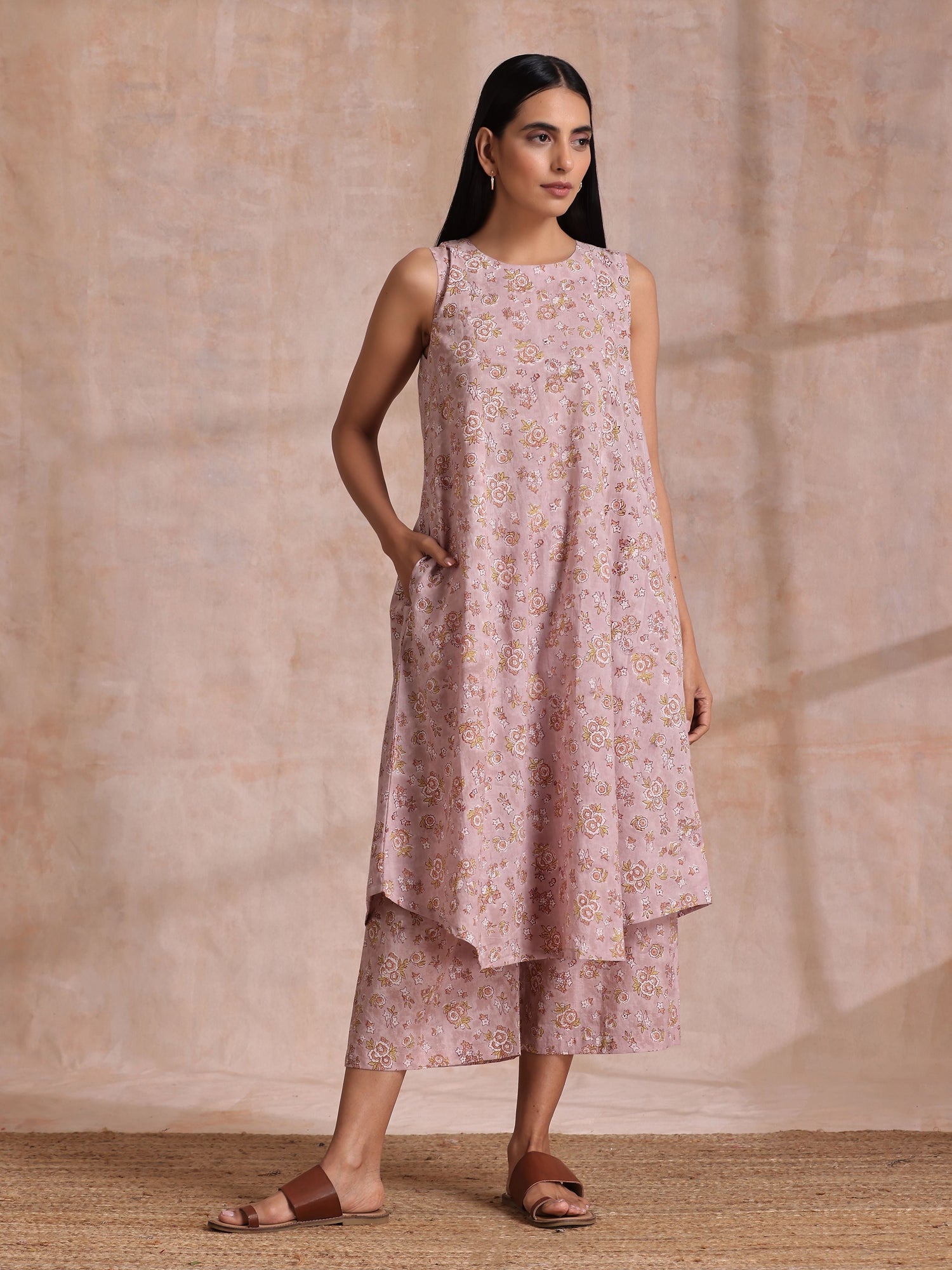 Grey Overall Floral Block Print Cotton High-Low Co-Ord Set