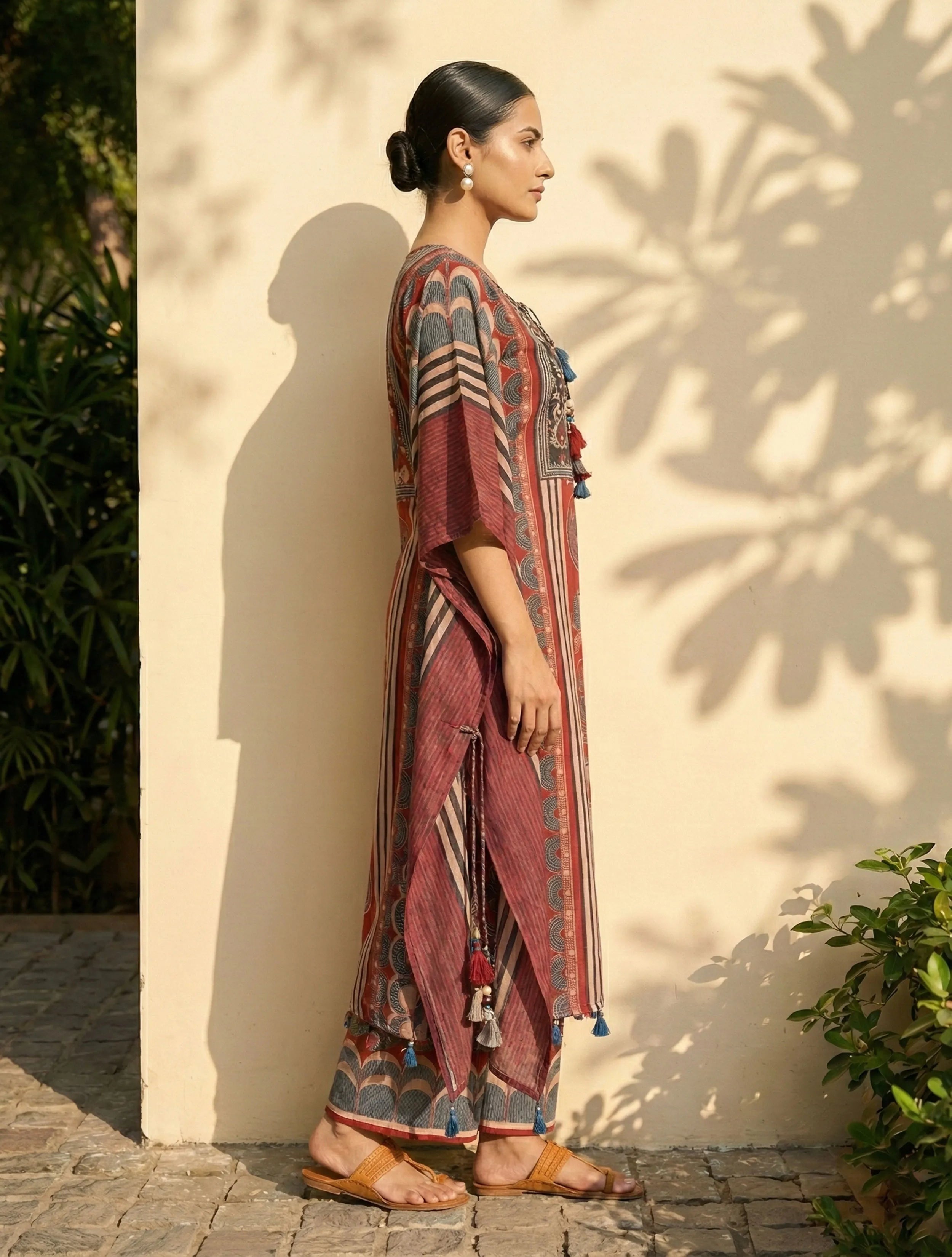 trueBrowns Red Printed Kaftan Kurta Palazzo Set