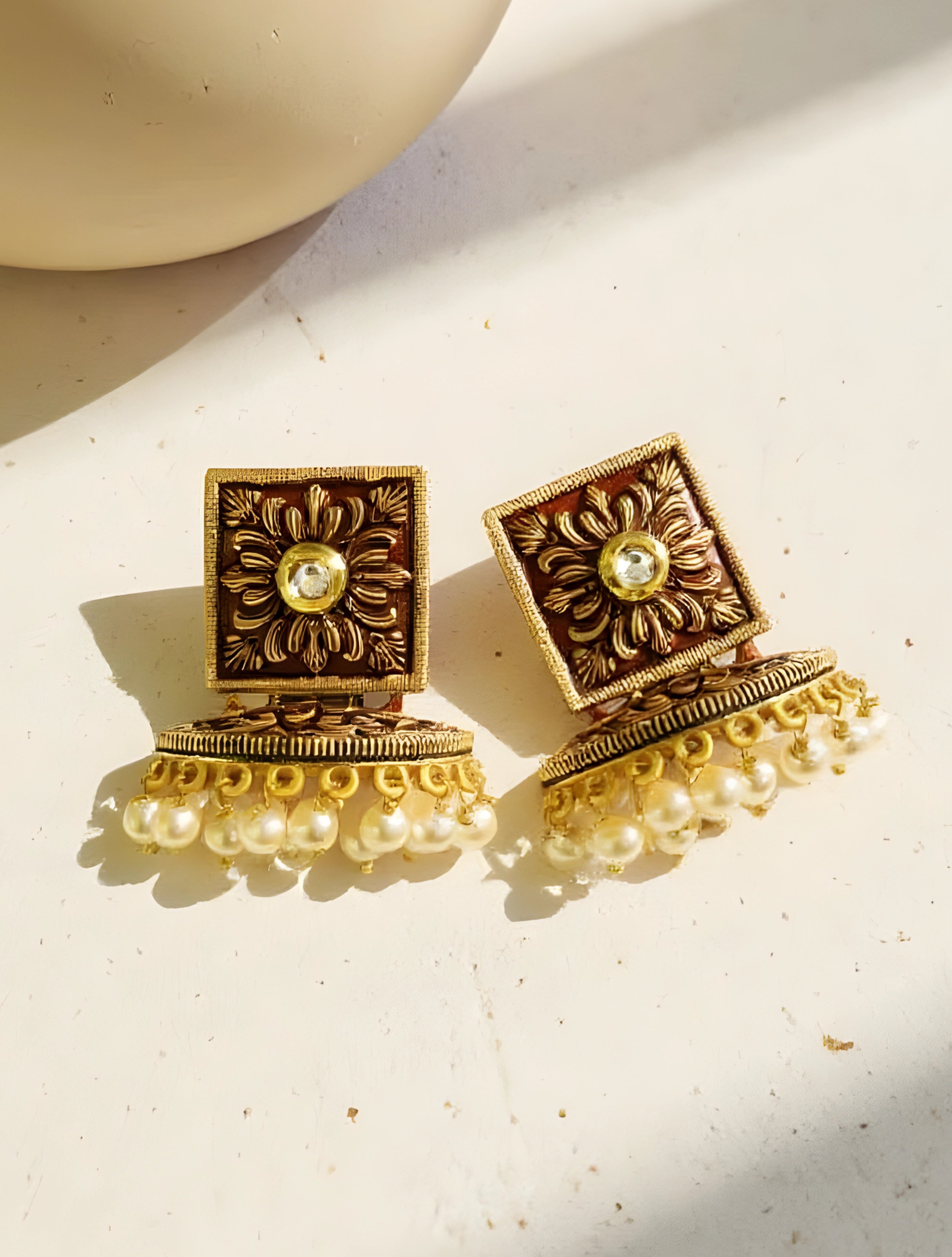 trueBrowns Red Enamel With Pearl Square Earrings