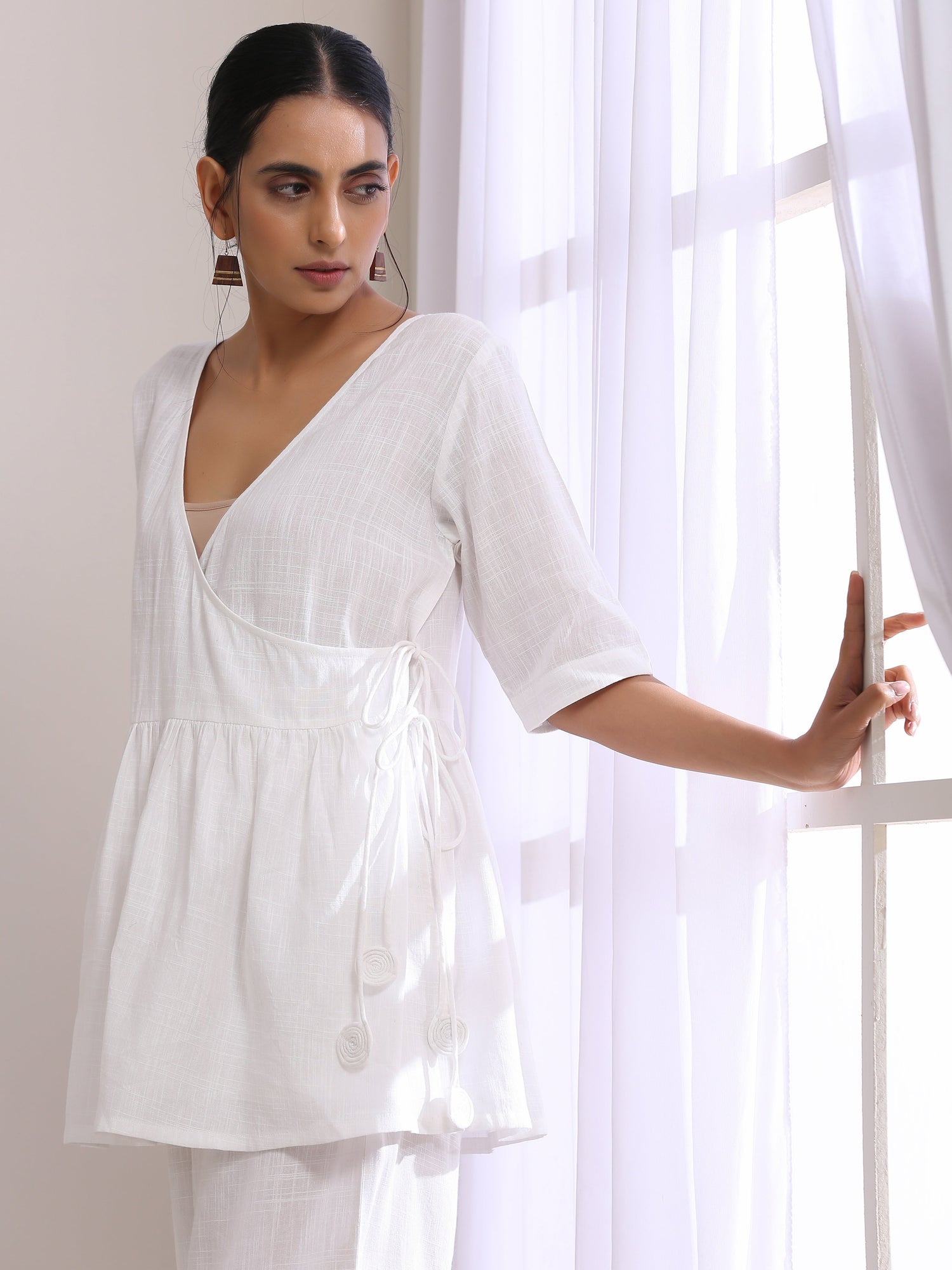 White Slub Texture Short Angrakha Co-Ord Set