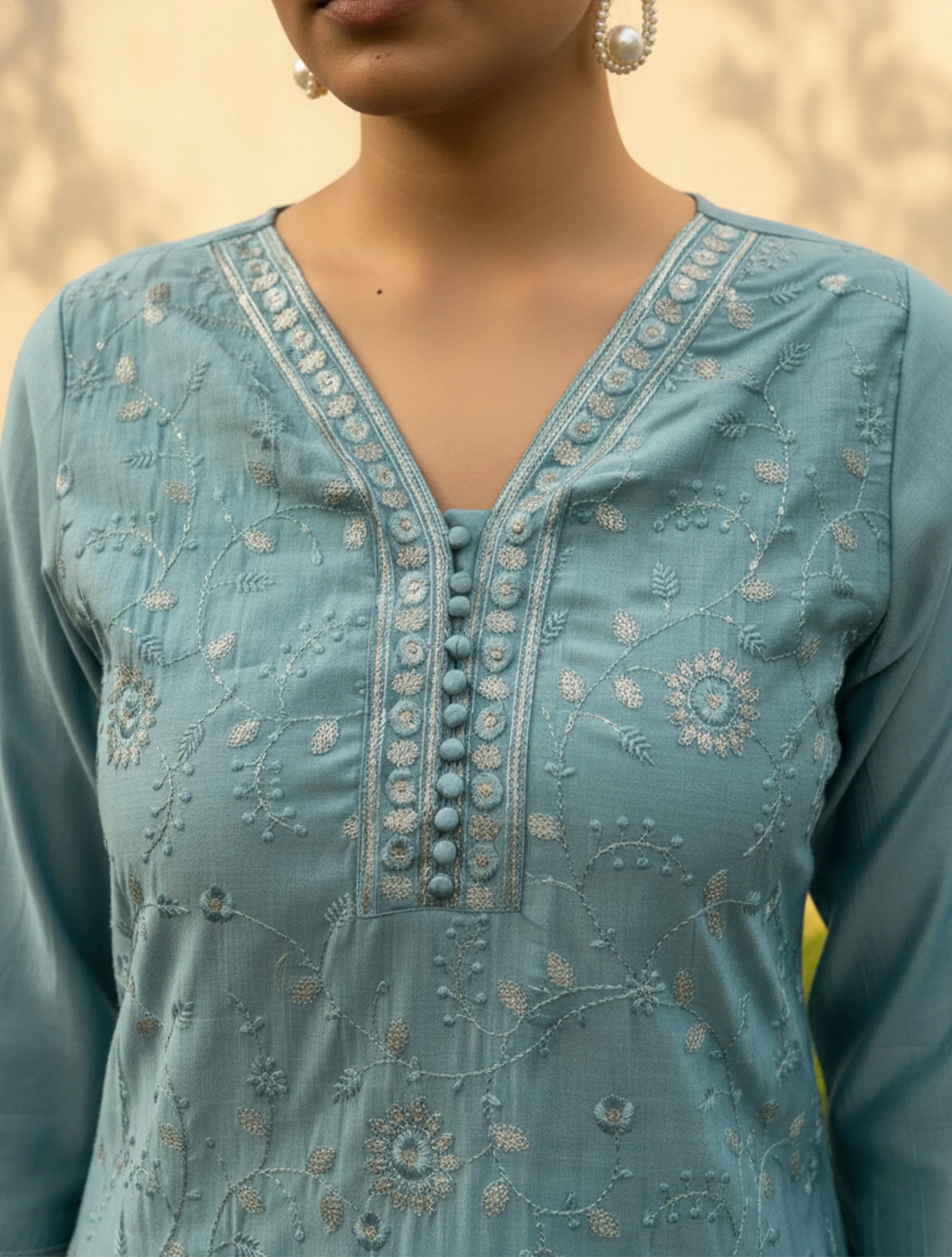 trueBrowns Light Blue Embroidered Straight Kurta Pant Dupatta Set