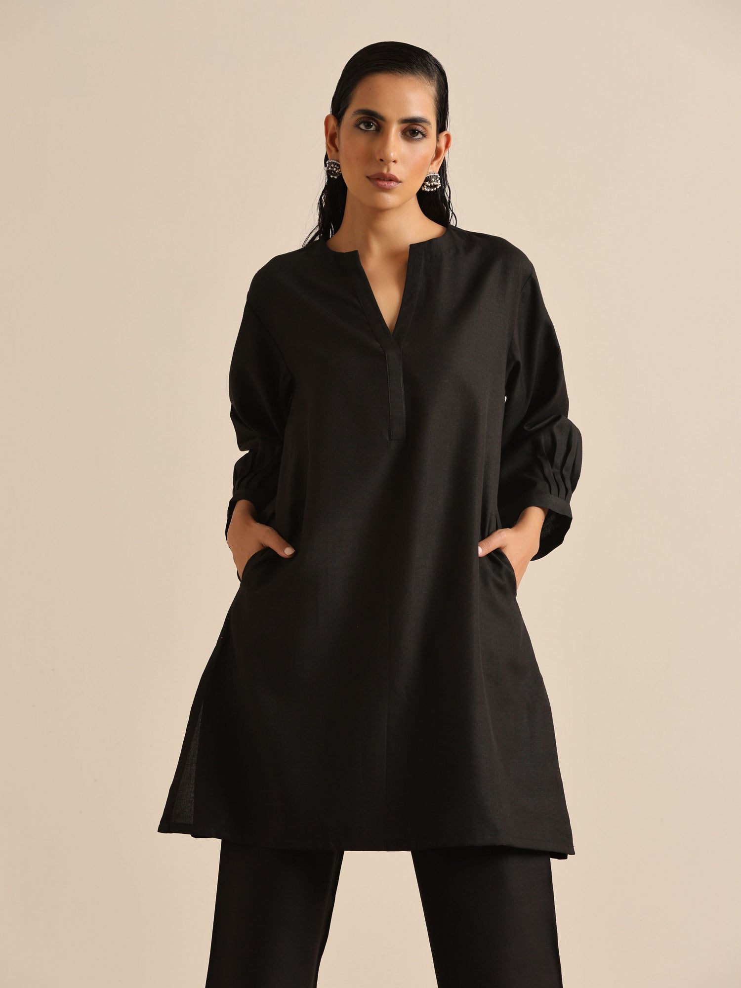 Black Slub Relaxed Placket Co-Ord Set
