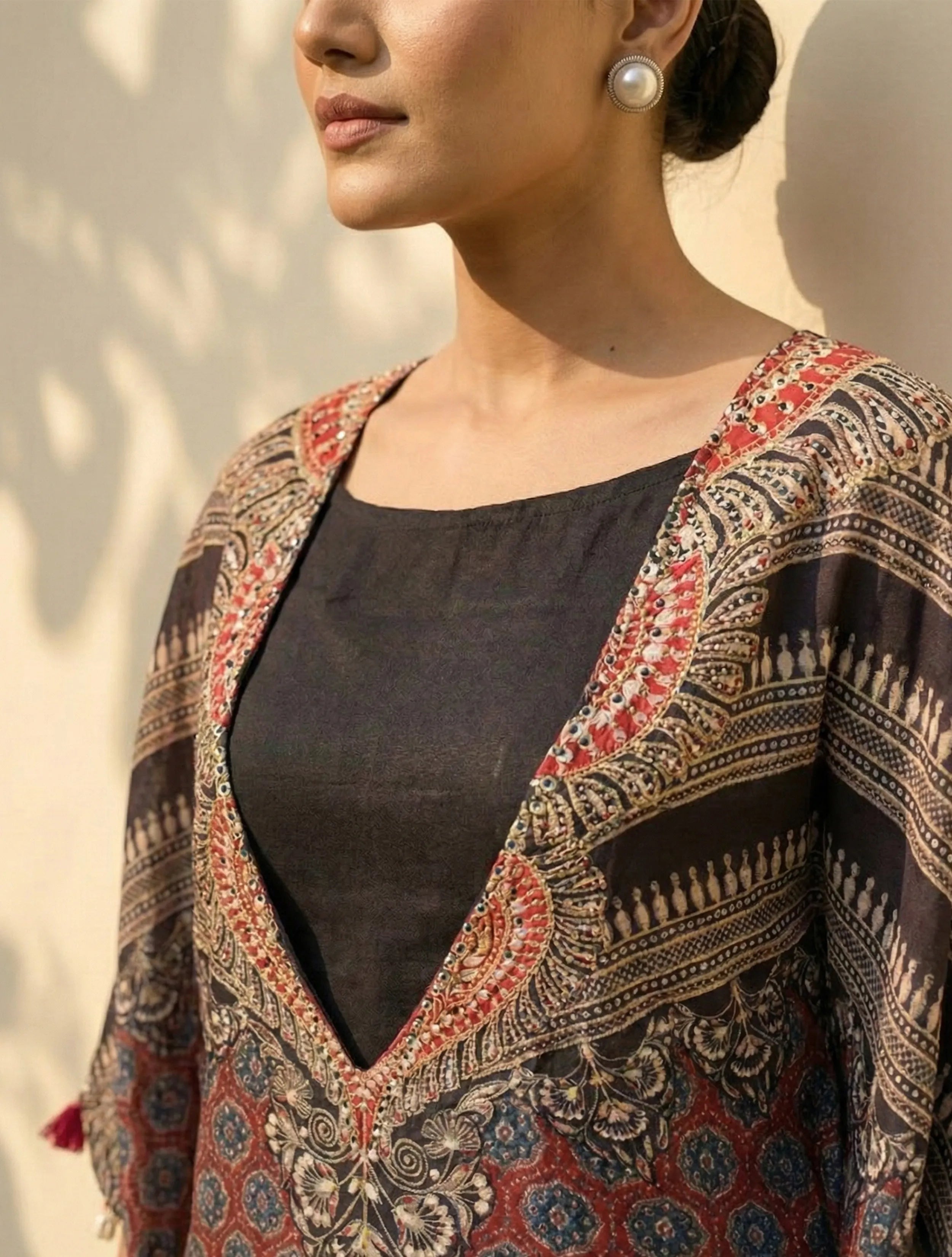 trueBrowns Maroon Black Print Embroidered Kaftan Kurta Pant Set