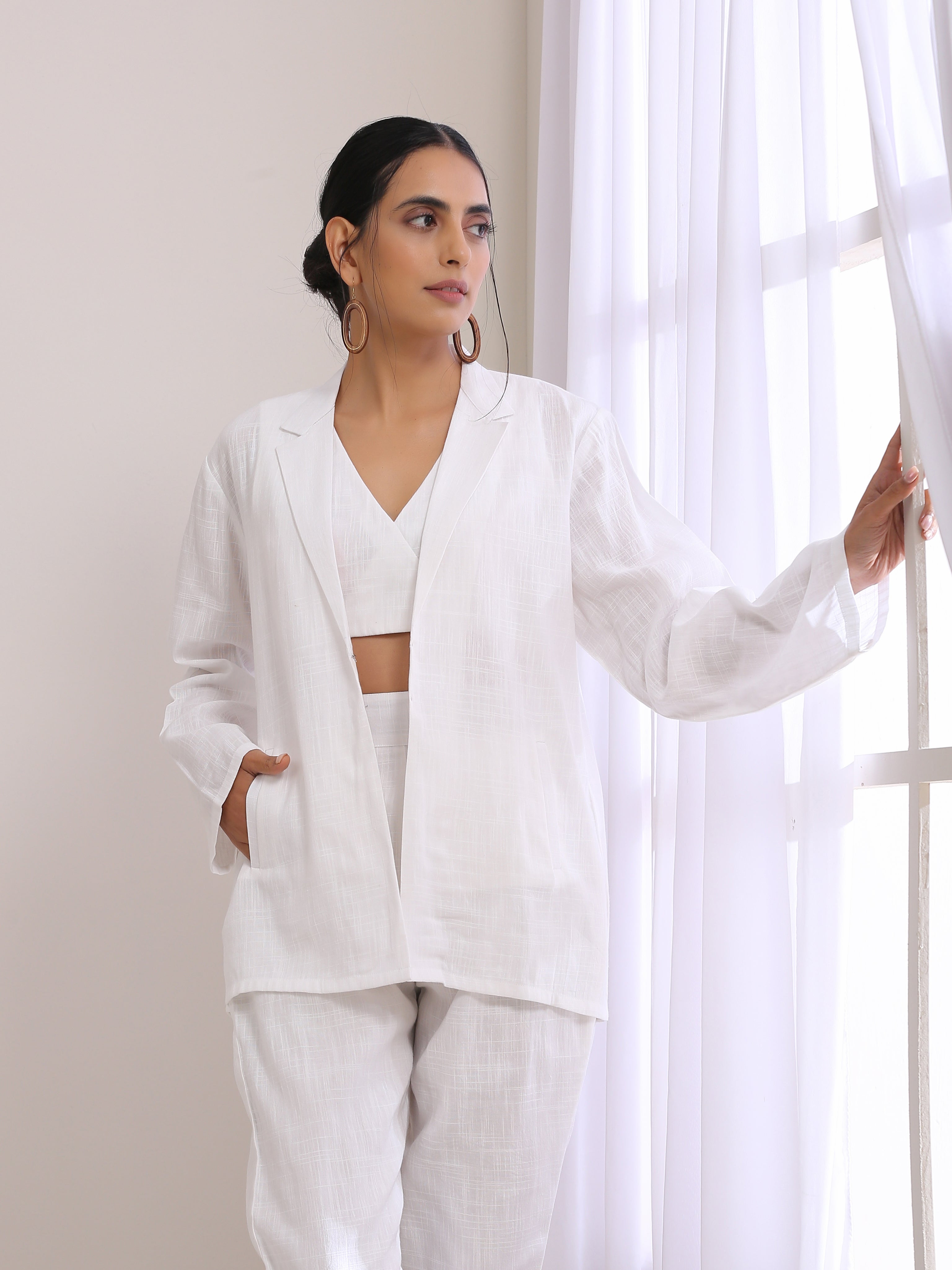 White Slub Texture Pant Suit Set