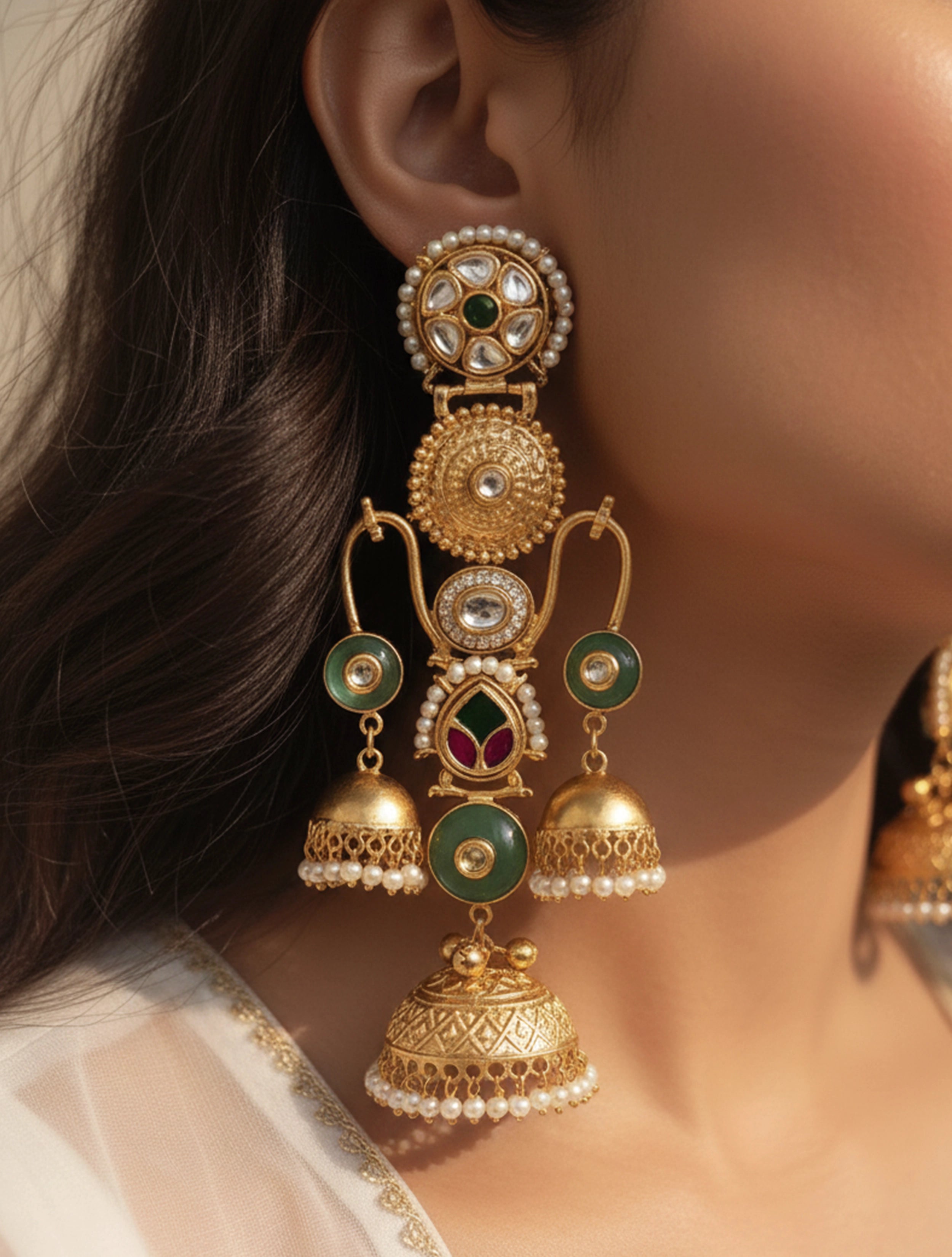 trueBrowns Kashmiri Green Kundan Pearl Earrings