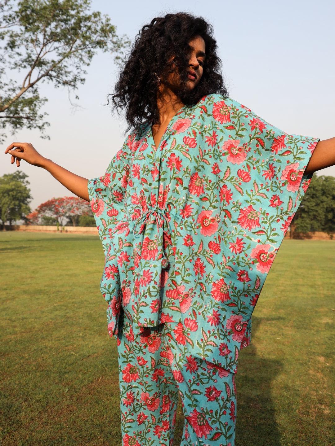 Aqua Cotton Block Print Kaftan Co-Ord Set - trueBrowns