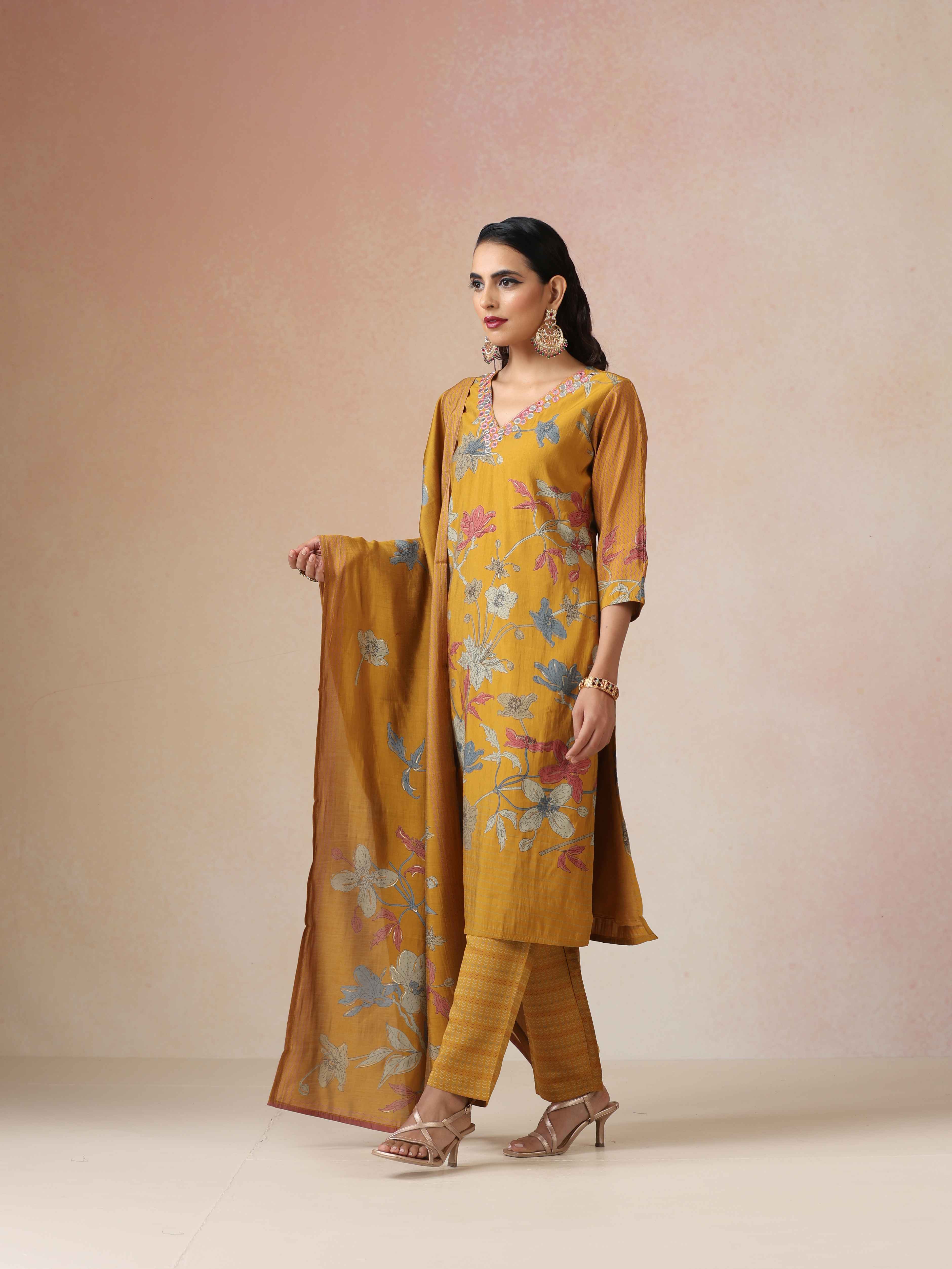 trueBrowns Yellow Embroidered Straight Kurta 3pc Set