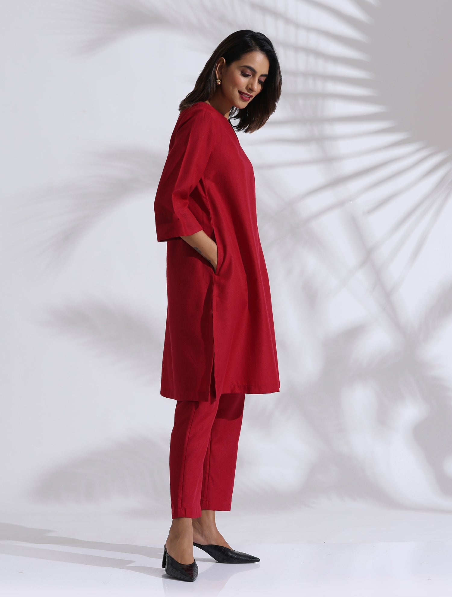 trueBrowns Maroon Slub Kurta Co-ord Set