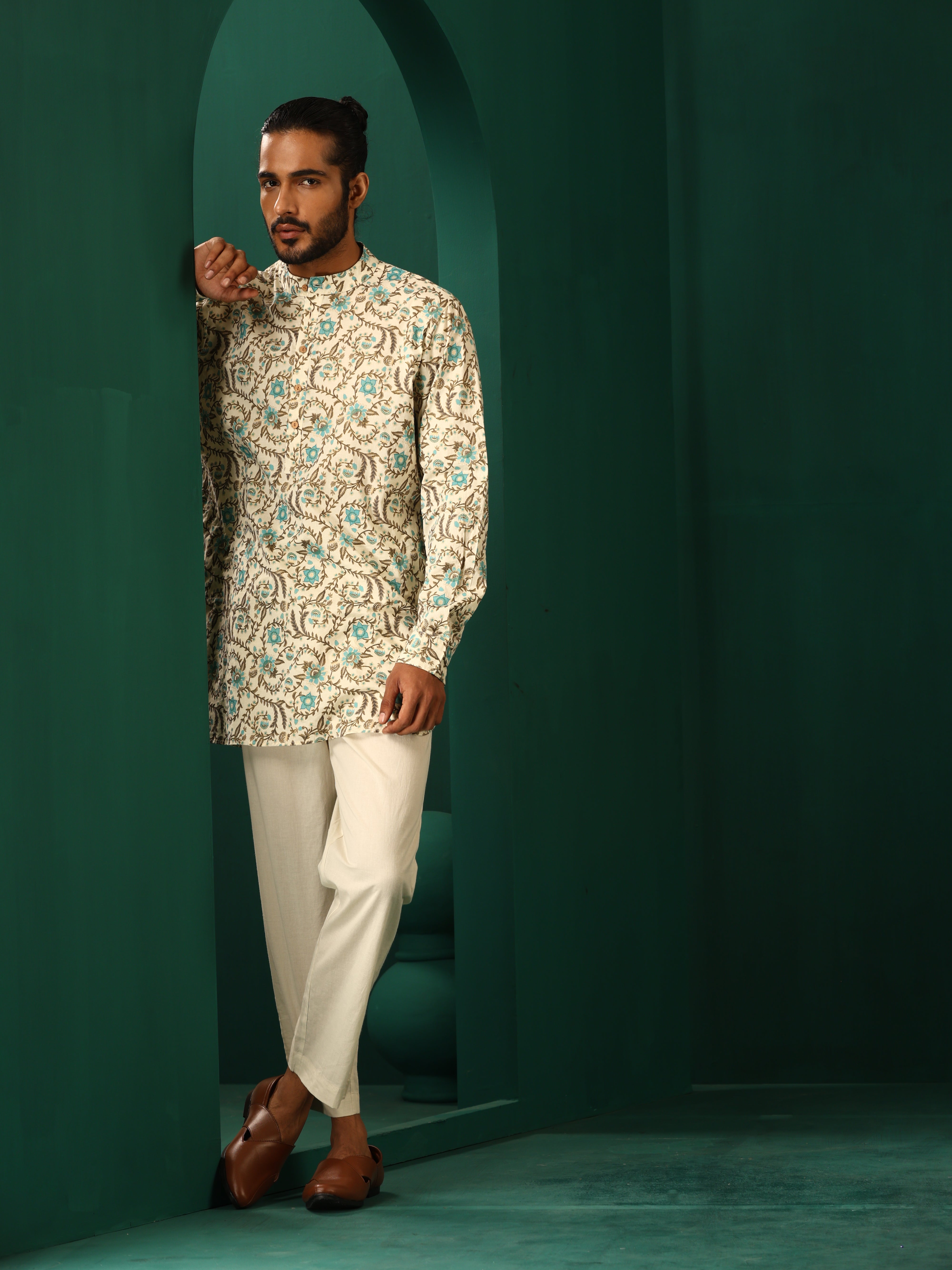 trueBrowns Men Teal Floral Cotton Printed Co-ord Set