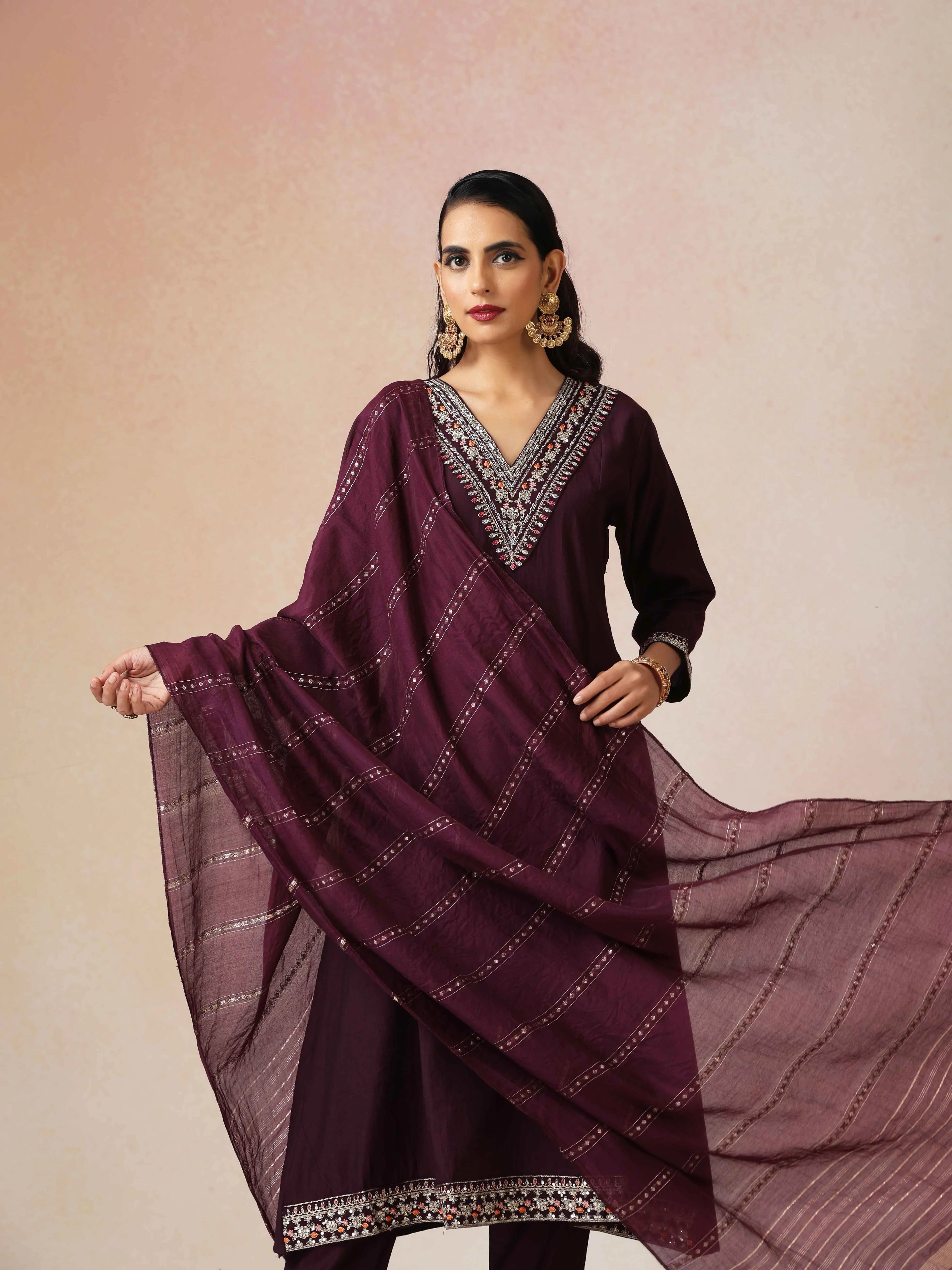 trueBrowns Purple Embroidered A-line Kurta 3pc Set