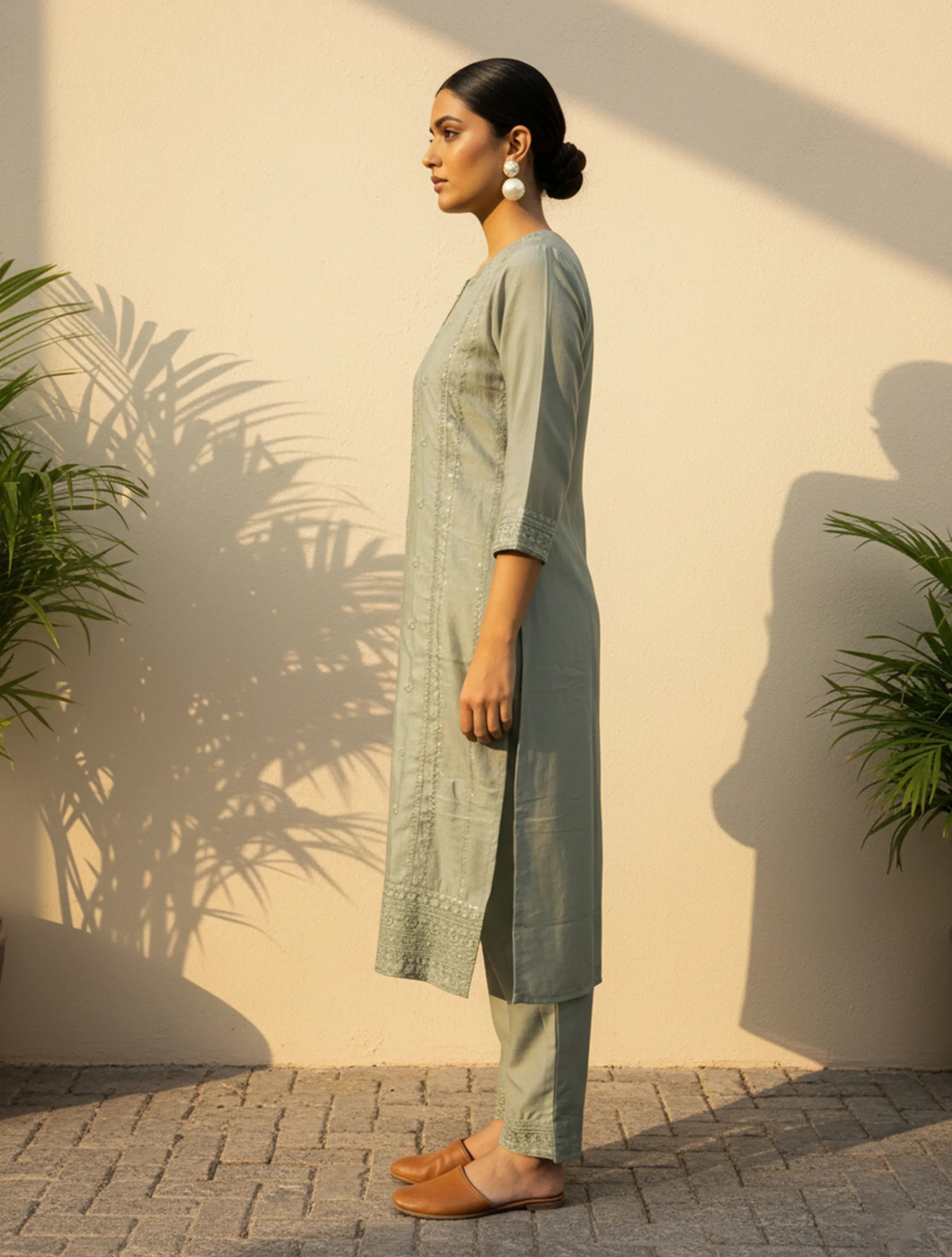 trueBrowns Sage Green Embroidered Straight Kurta Pant Dupatta Set