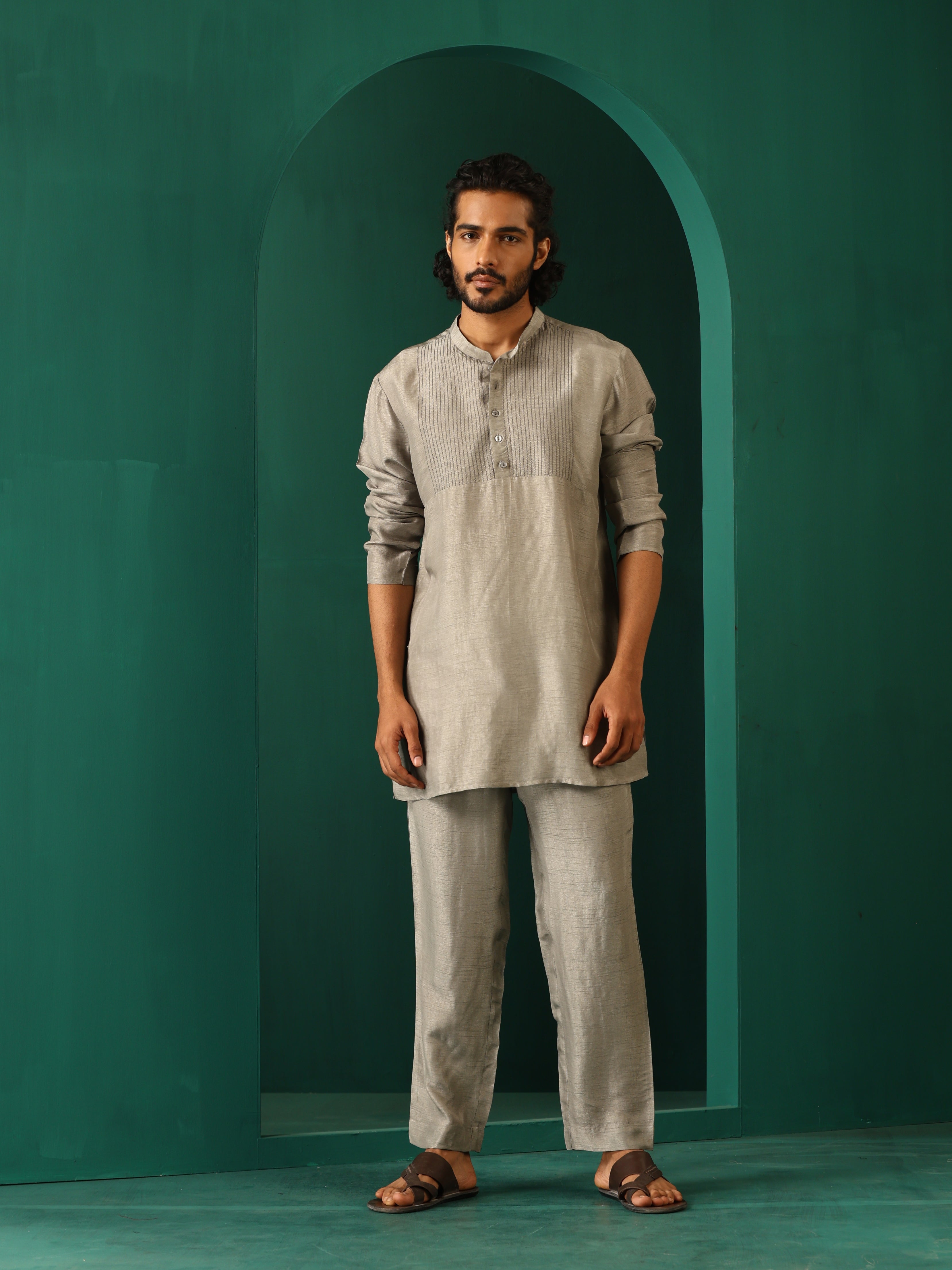 trueBrowns Men Grey Silk Co-ord Set Yoke Detail