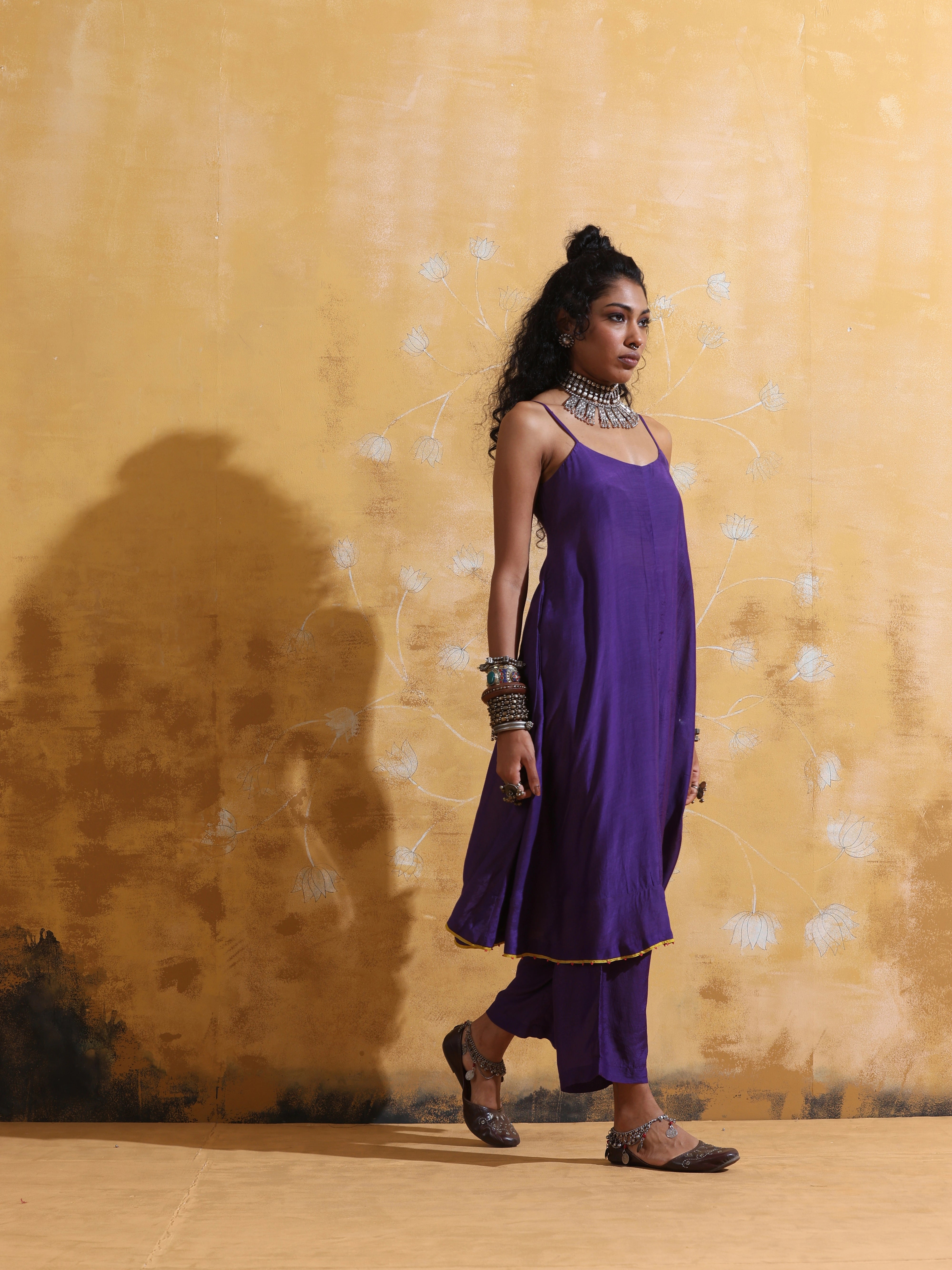 trueBrowns Purple Muslin Silk Flared Kurta Pant Set